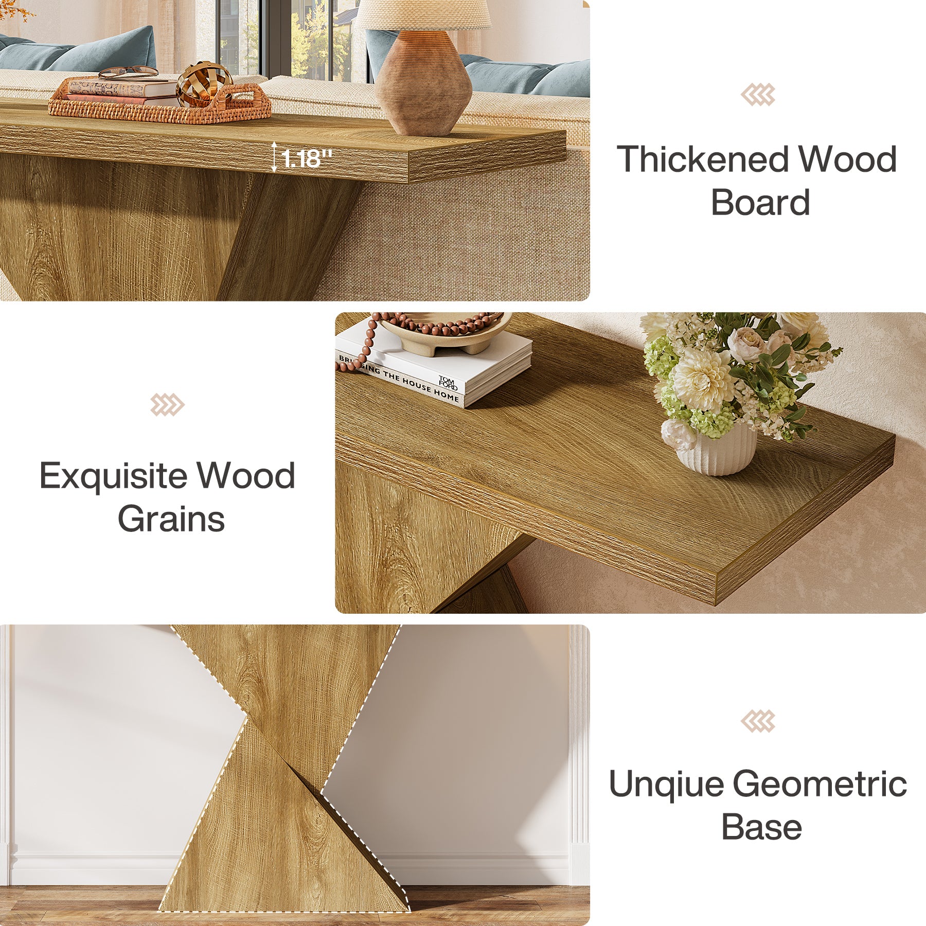 41.5" Narrow Farmhouse Console Table with Geometric Base, Entryway Sofa Table for Hallway, Foyer, or Behind Couch