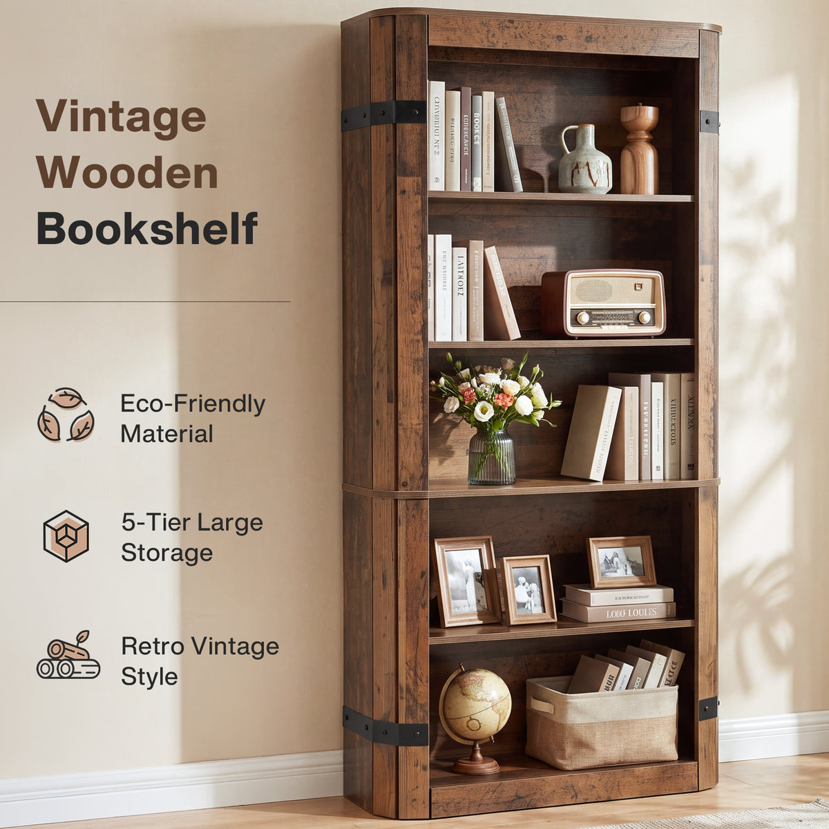 71" Tall Farmhouse Bookshelf, 5-Tier Home Office Bookcase with Storage