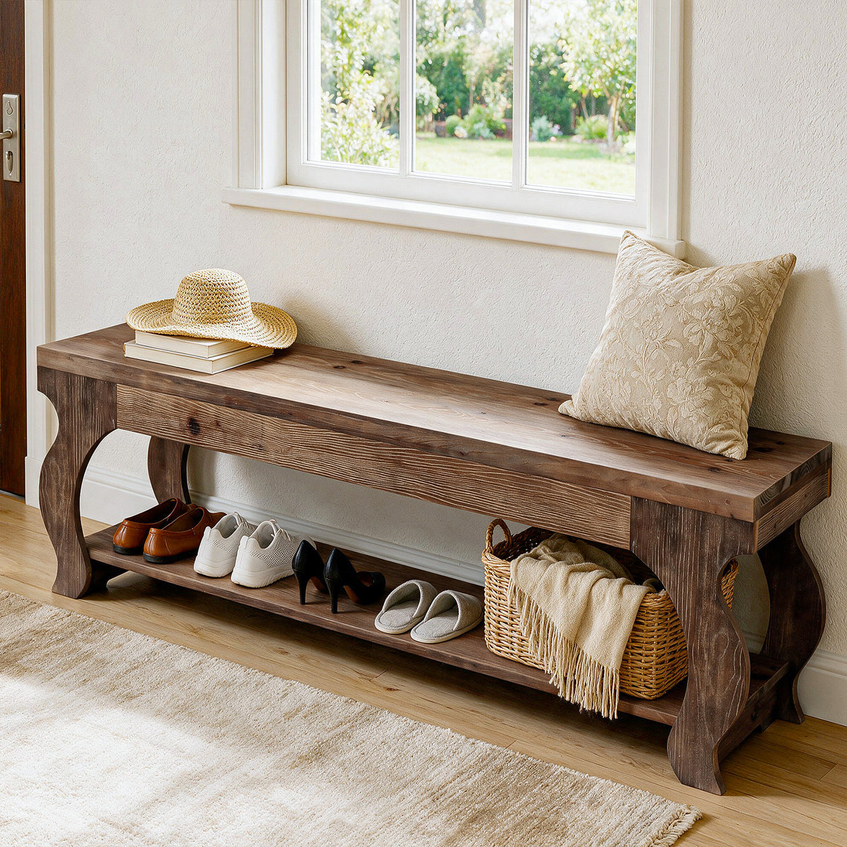 55" Solid Wood Entryway Bench with Storage Shelf, 2-Tier Farmhouse End of Bed Seat