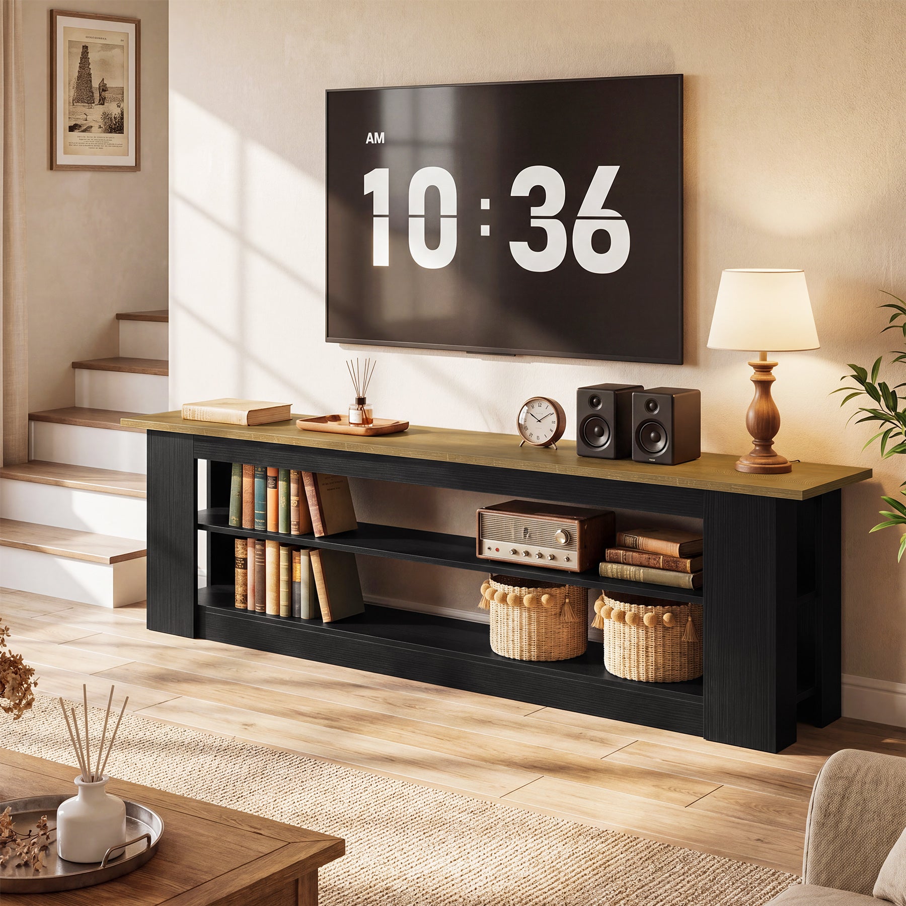 70.87" TV Stand for TVs up to 80", Farmhouse Entertainment Center with Storage Shelves