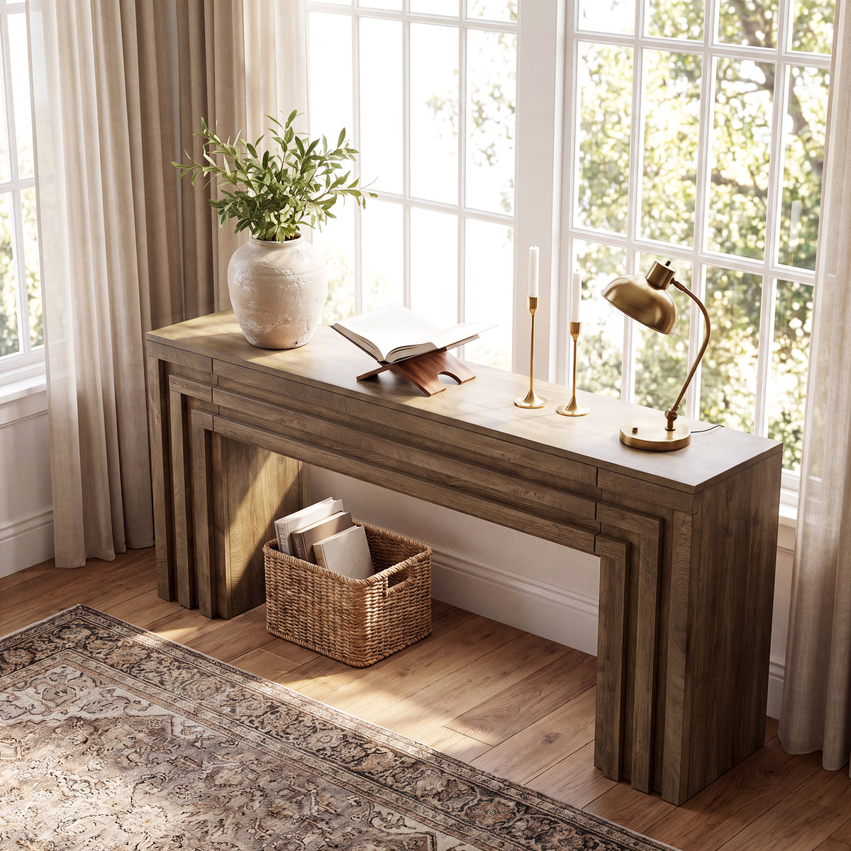 63" Console Table with Storage Cabinet, Entryway Sofa Table with Layered Geometric Frame