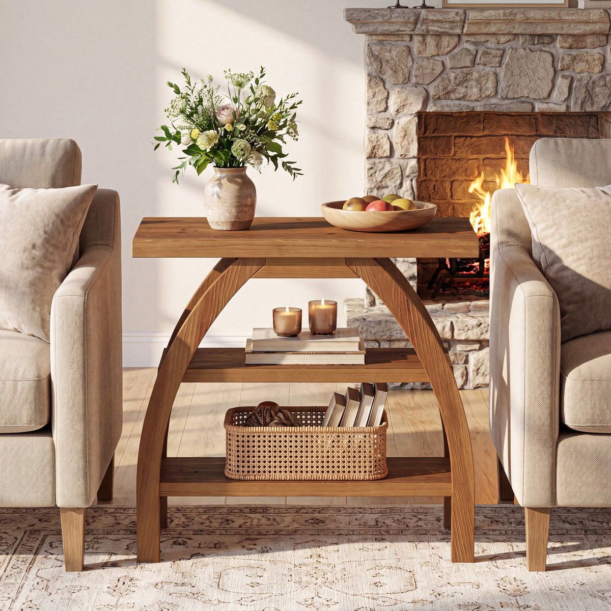 23.6" Solid Wood End Table, 3-Tier Farmhouse Side Table with Arched Leg Design