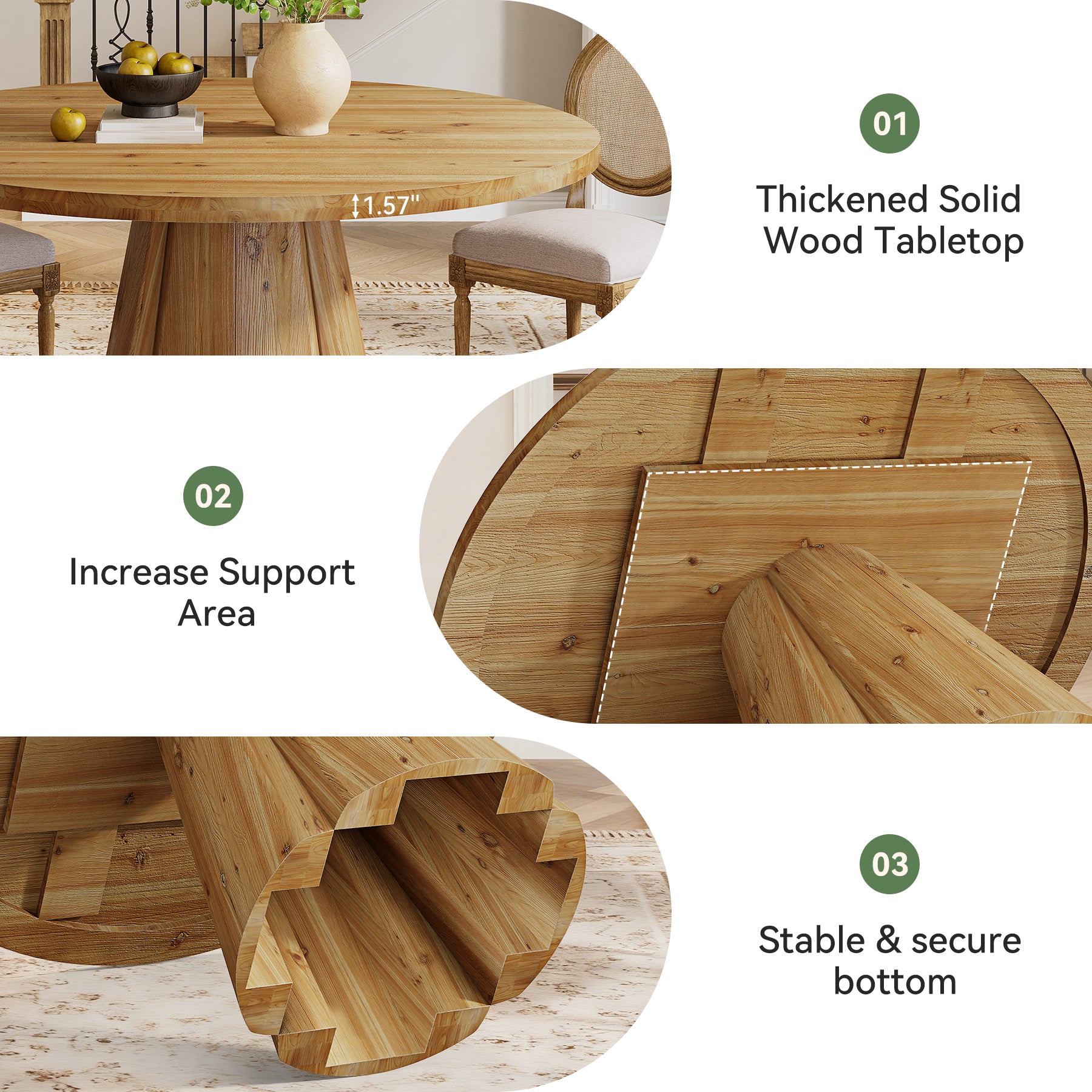 47.24" Solid Wood Dining Table, Round Kitchen Table with Pedestal Base for 4-6