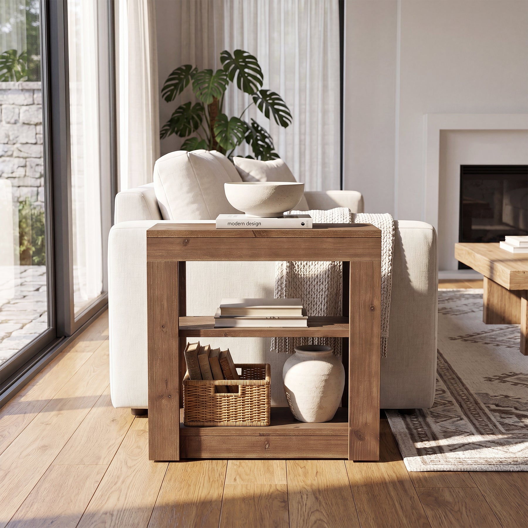 Solid Wood Rectangle End Table, Slim Side Table with Storage Shelf for Living Room