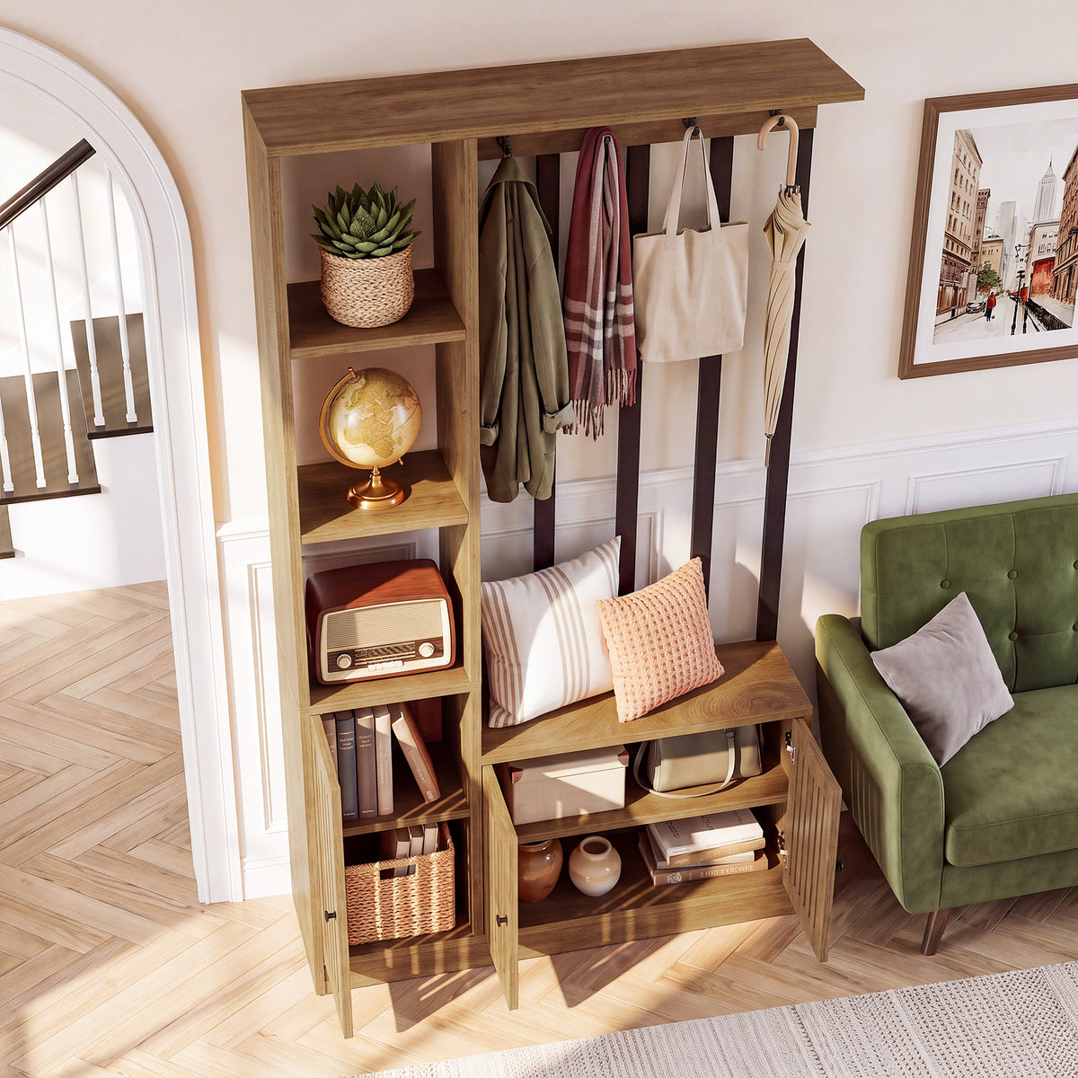 71" Mudroom Hall Tree with Shoe Storage Bench, Coat Hooks & Closed Cabinets