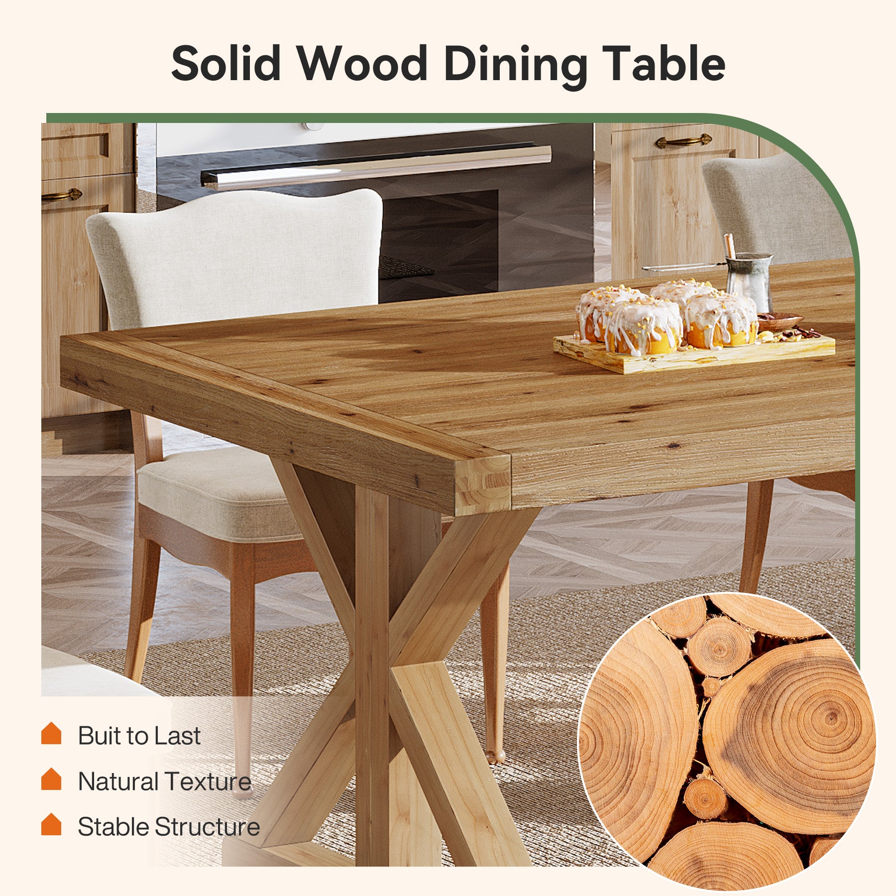 63" Solid Wood Dining Table, Rectangular Kitchen Table for 4-6