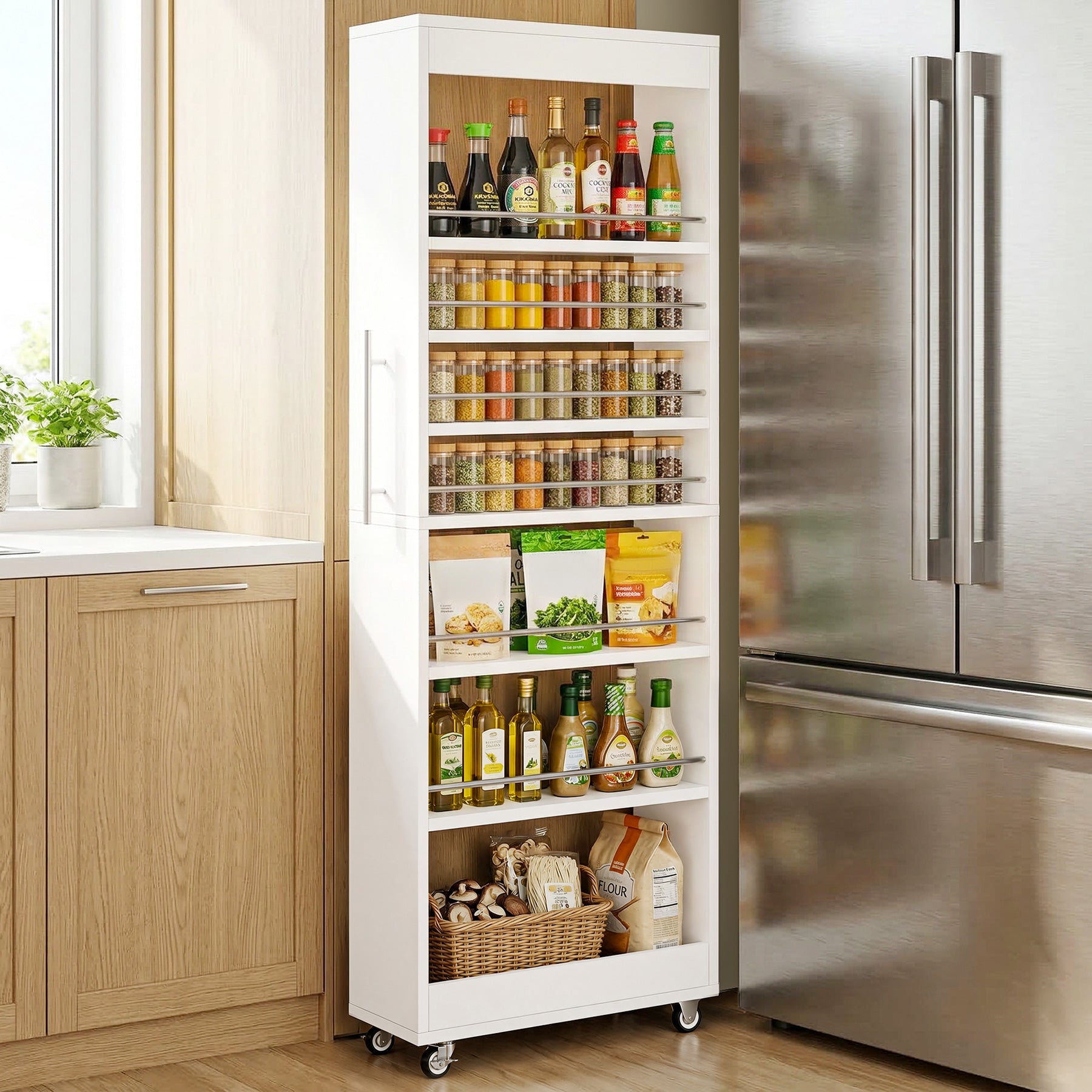73" Slim Storage Cart on Wheels, 7-Tier Narrow Pantry Rack Cabinet Organizer