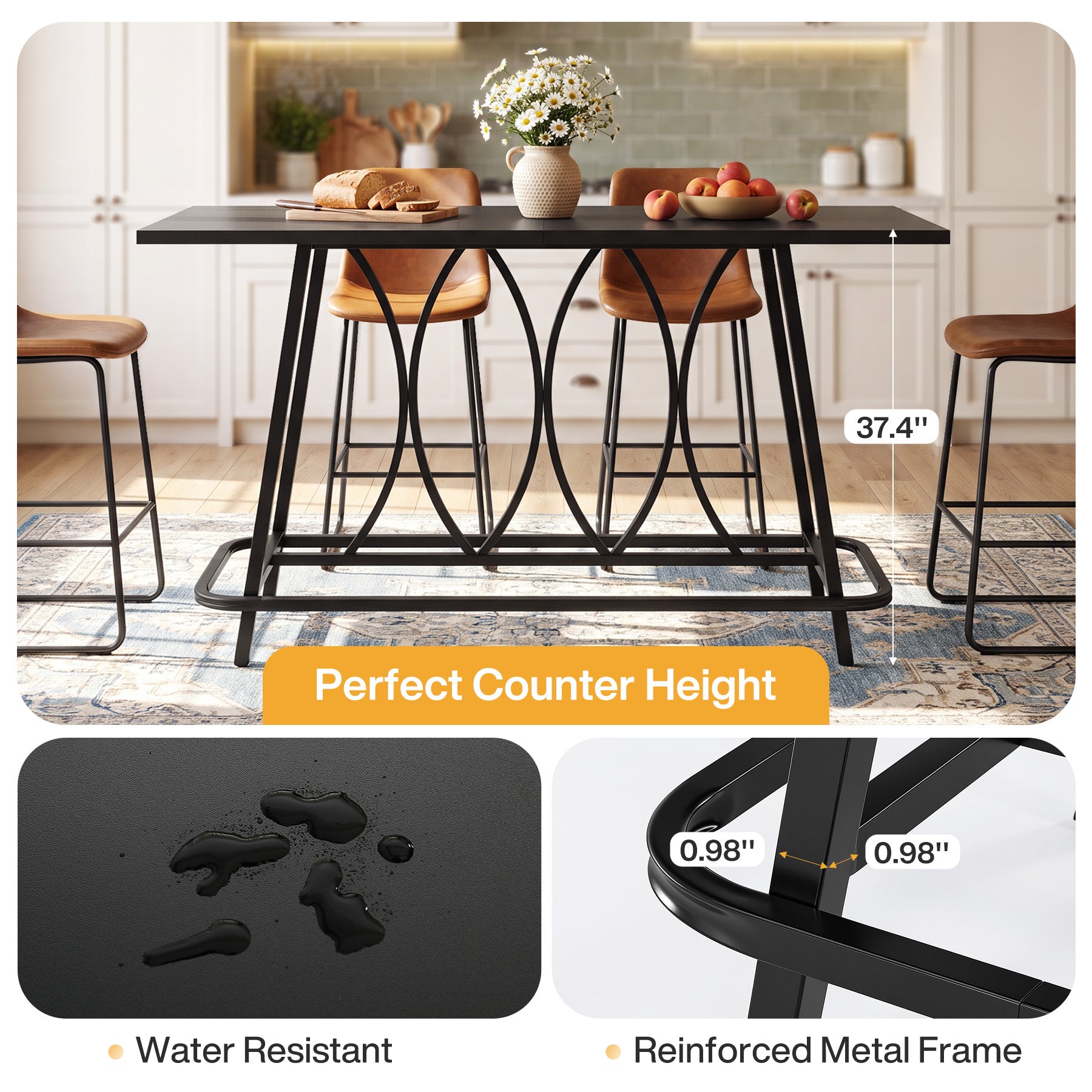 63-Inch Counter Height Bar Table with Reinforced Metal Frame, Modern Industrial Home Bar Table