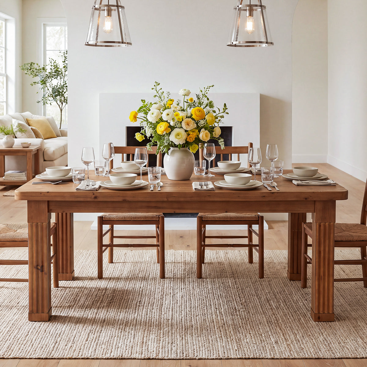 63" Farmhouse Solid Wood Dining Table for 4-6, Fluted Legs