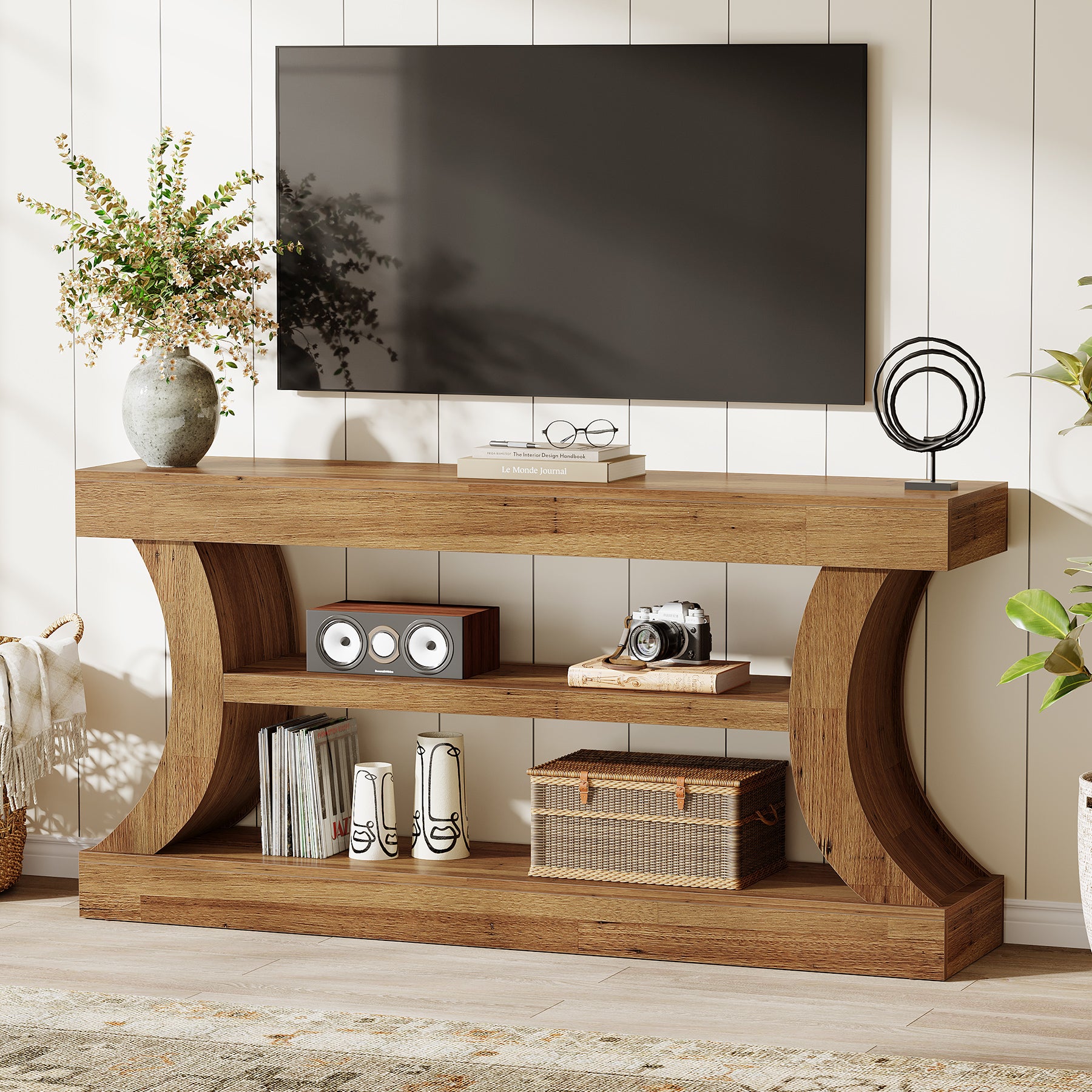 63" Farmhouse Console Table with Storage, Curved Entryway Sofa Table & TV Console with 3-Tier Shelves