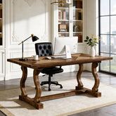63" Solid Wood Executive Desk, Farmhouse Computer Desk with Parquetry Top & Scroll Legs for Home Office 3