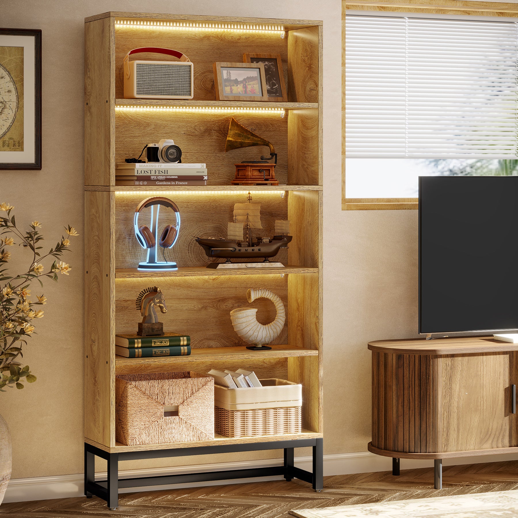 Tall Bookcase Black Bookshelf, 70.8” Large Bookcases Organizer with LED Lights