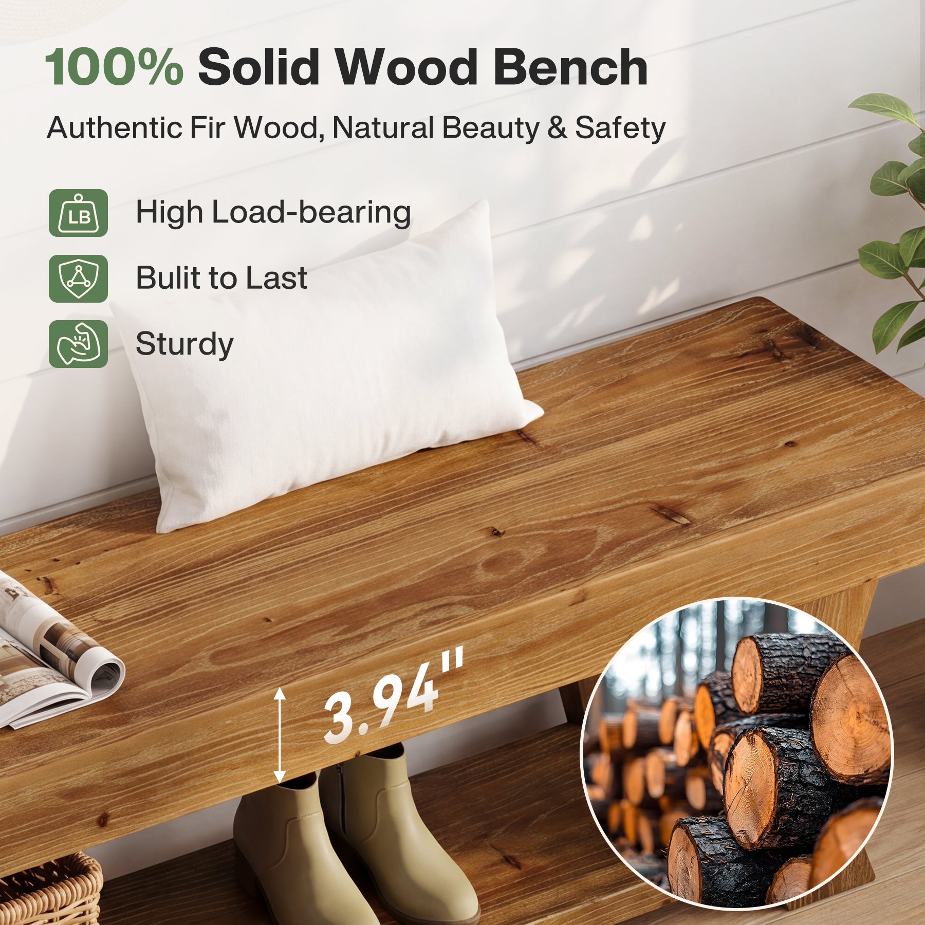 63" Solid Wood Entryway Bench, Narrow Shoe Storage Bench End of Bed Seat for Entryway
