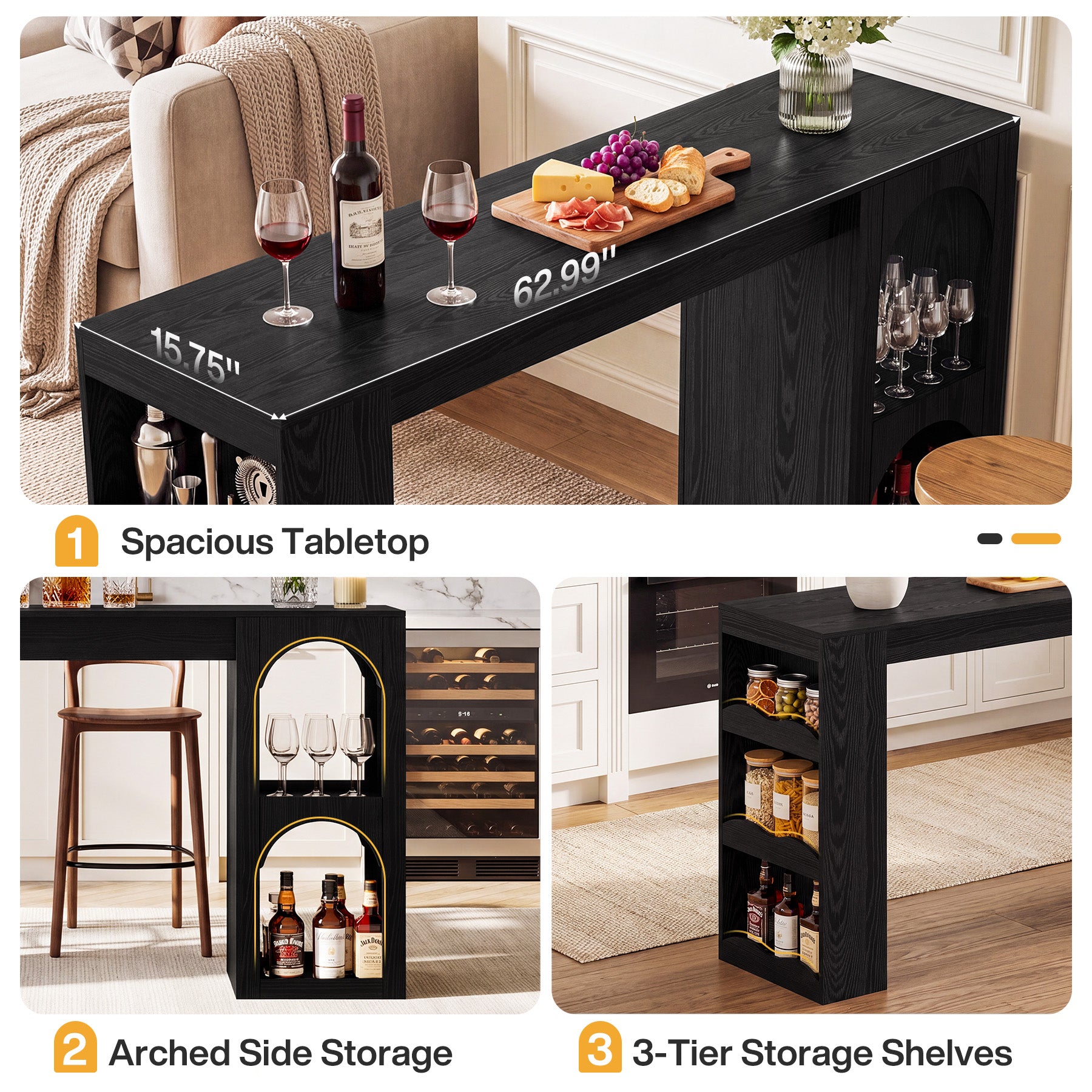 63" Bar Table, Modern Counter-Height Dining Table with Dual-Side Storage for Kitchen