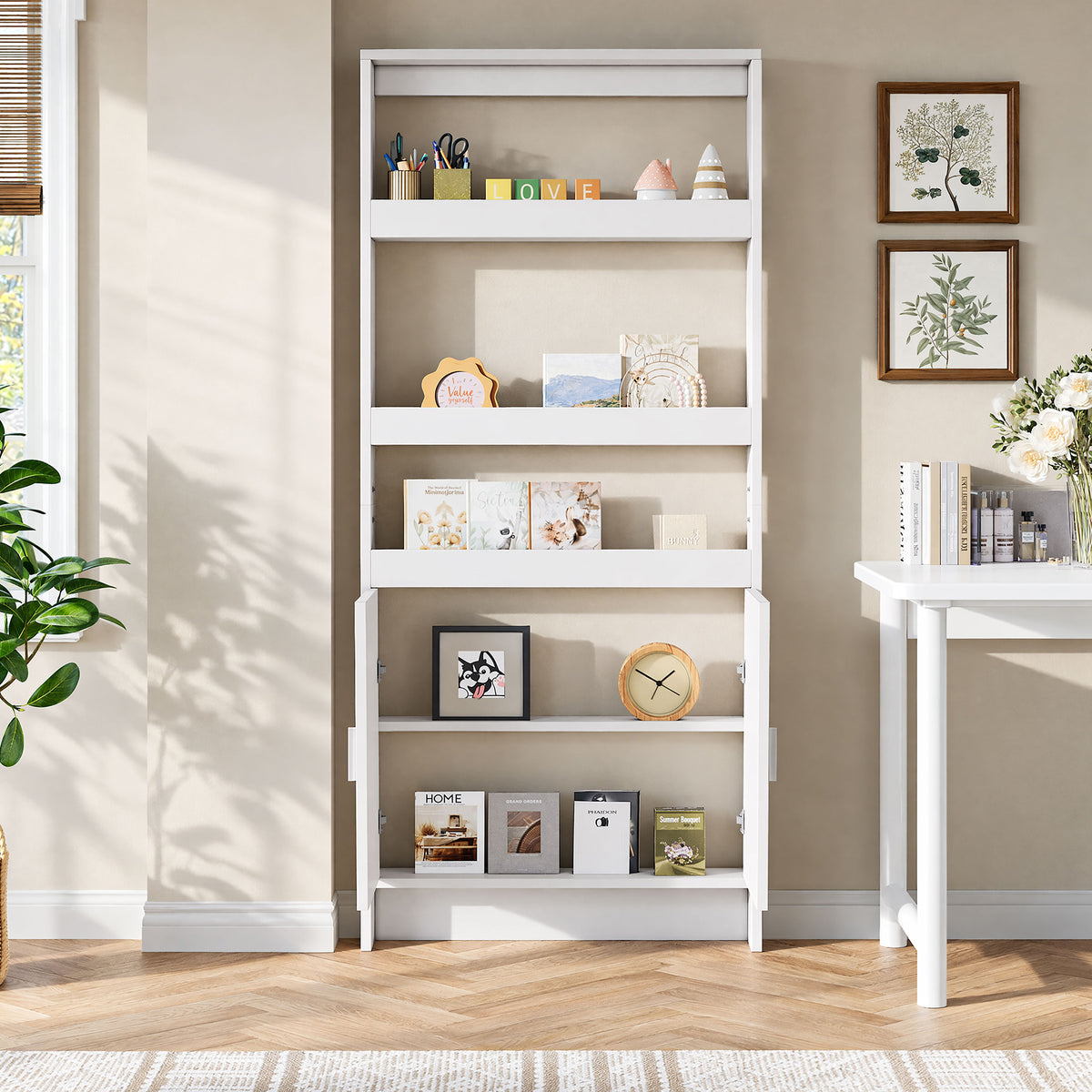 70.9" H Behind The Door Bookshelf, 5-Tier Narrow Bookcase with Open Shelves & Closed Cabinet