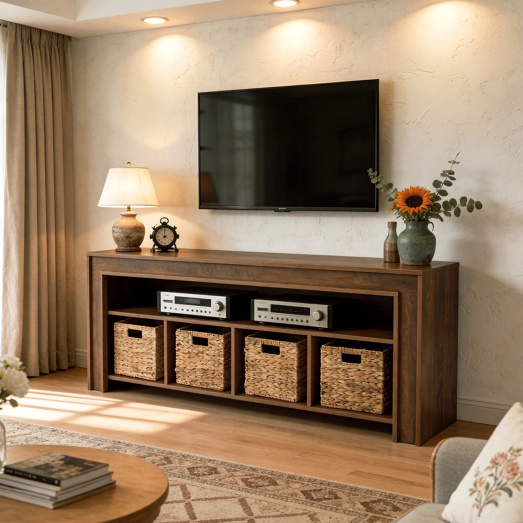 63" Farmhouse TV Stand for 55–70 Inch TVs, Media Console with Baskets & Open Storage