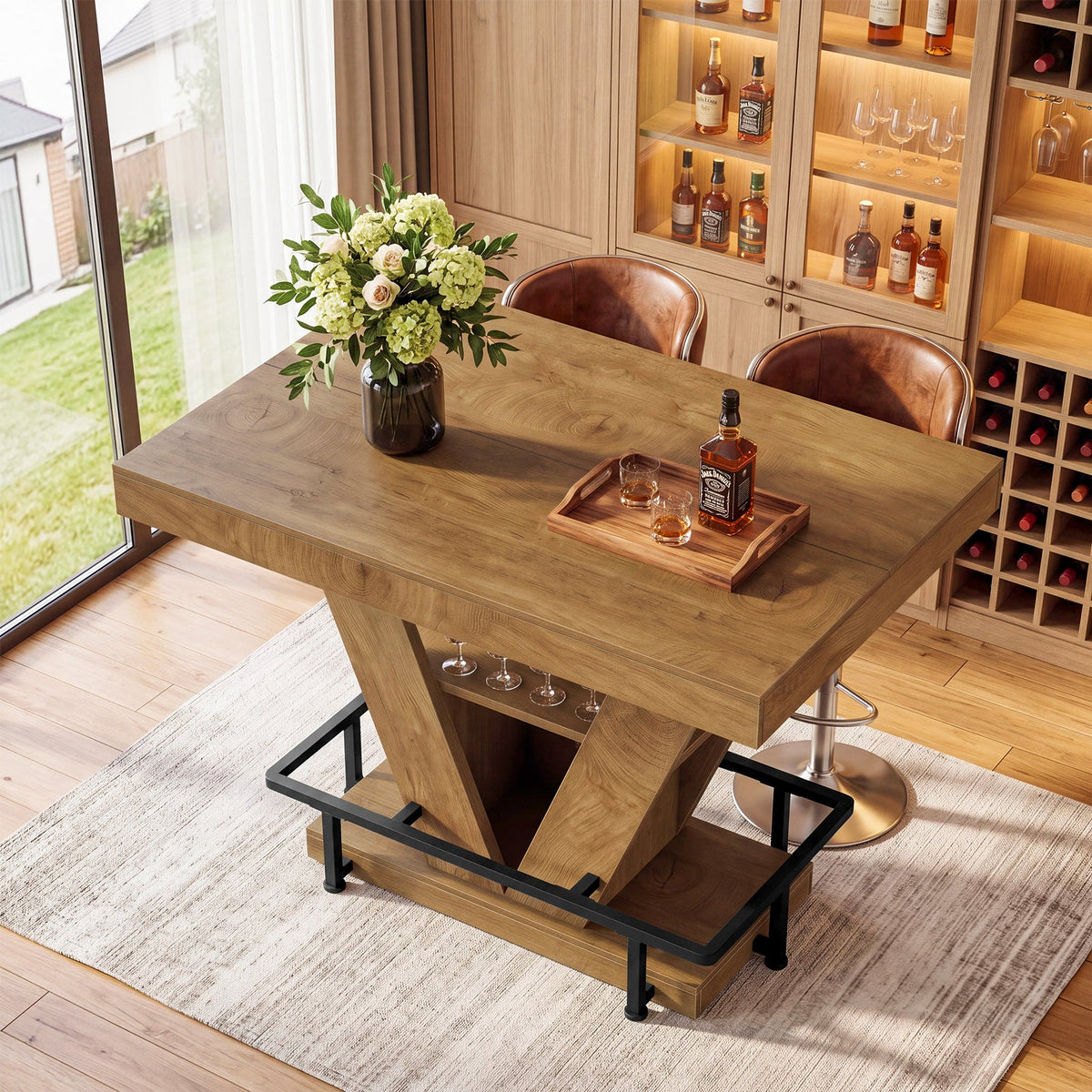 47" Counter Height Bar Table with Footrest, V-Shaped Support & 2-Tier Storage