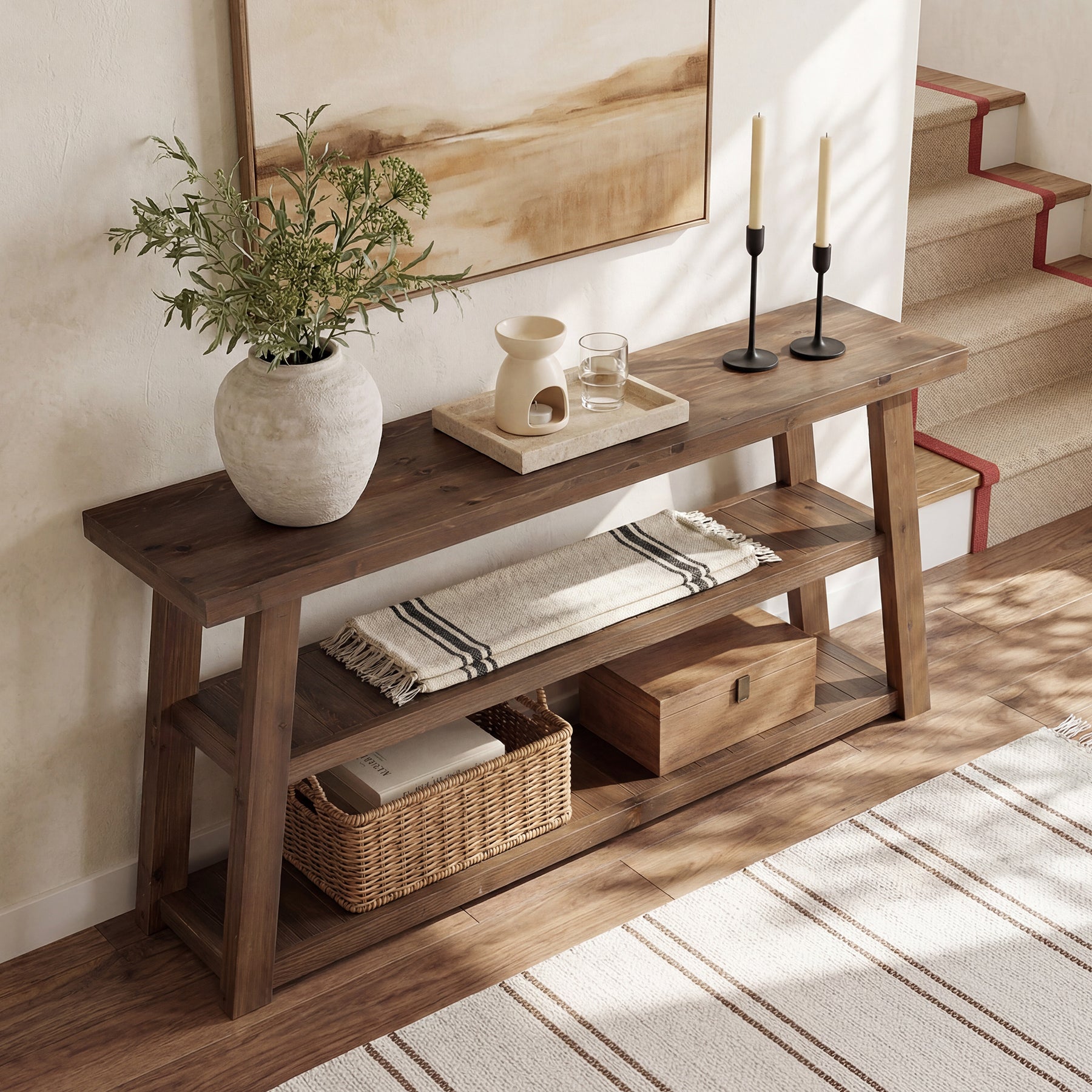 63" Solid Wood Entryway Bench with Storage, 3-Tier Shoe Bench with Open Shelves