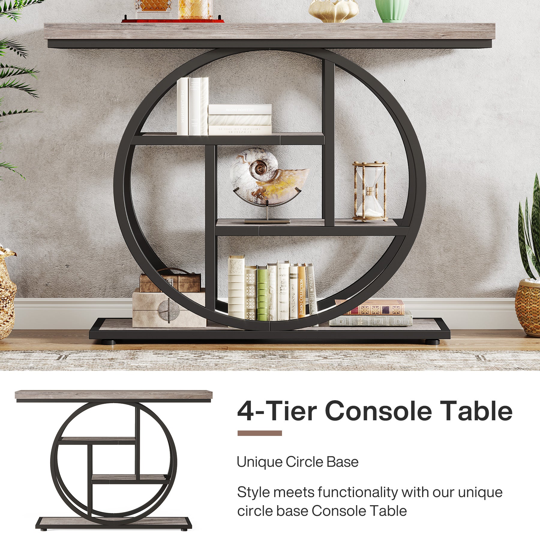 41.3" Console Table, Industrial 4-Tier Sofa Table Entryway Table with Circle Base