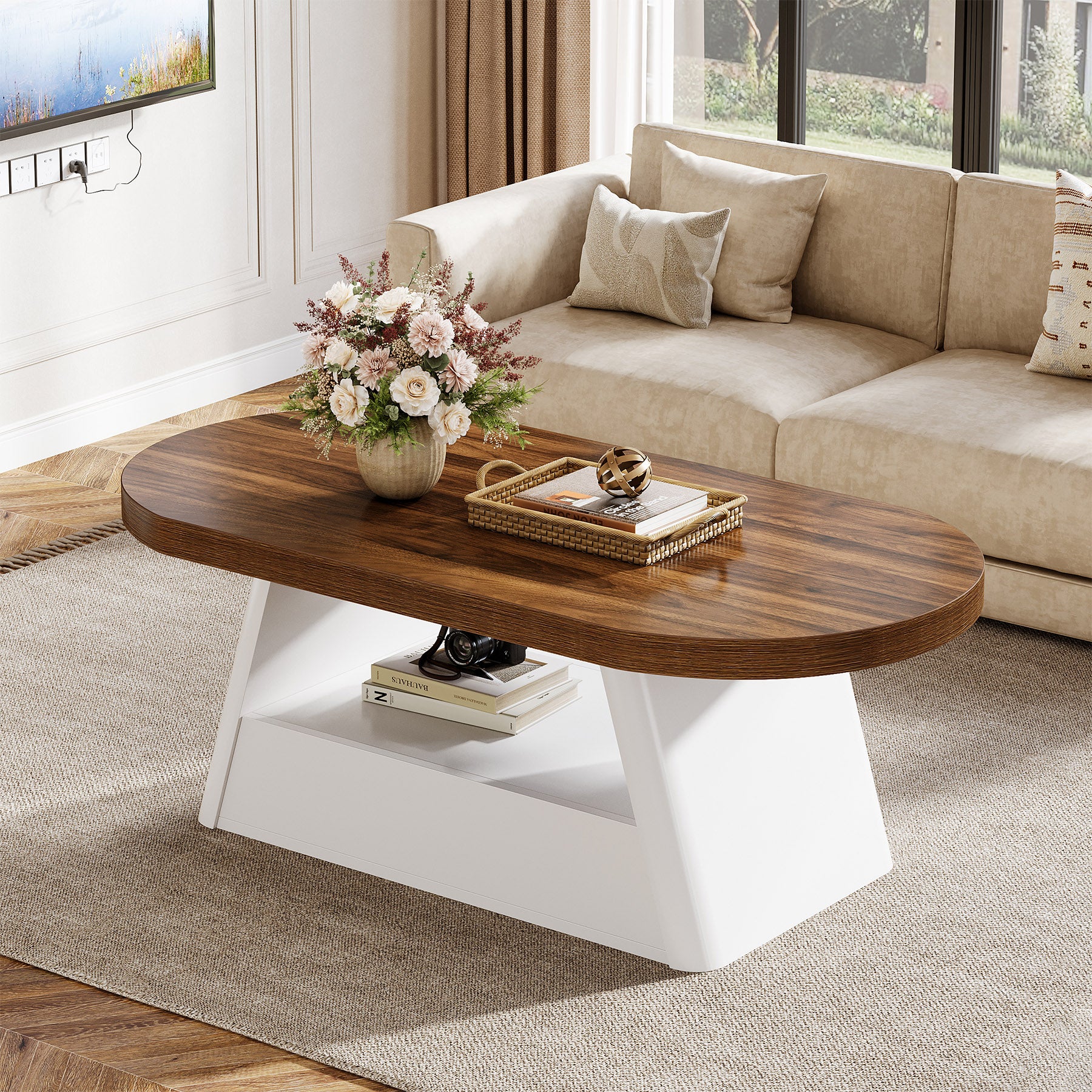 47" Oval Coffee Table, Modern Center Tea Table with 2-Tier Storage