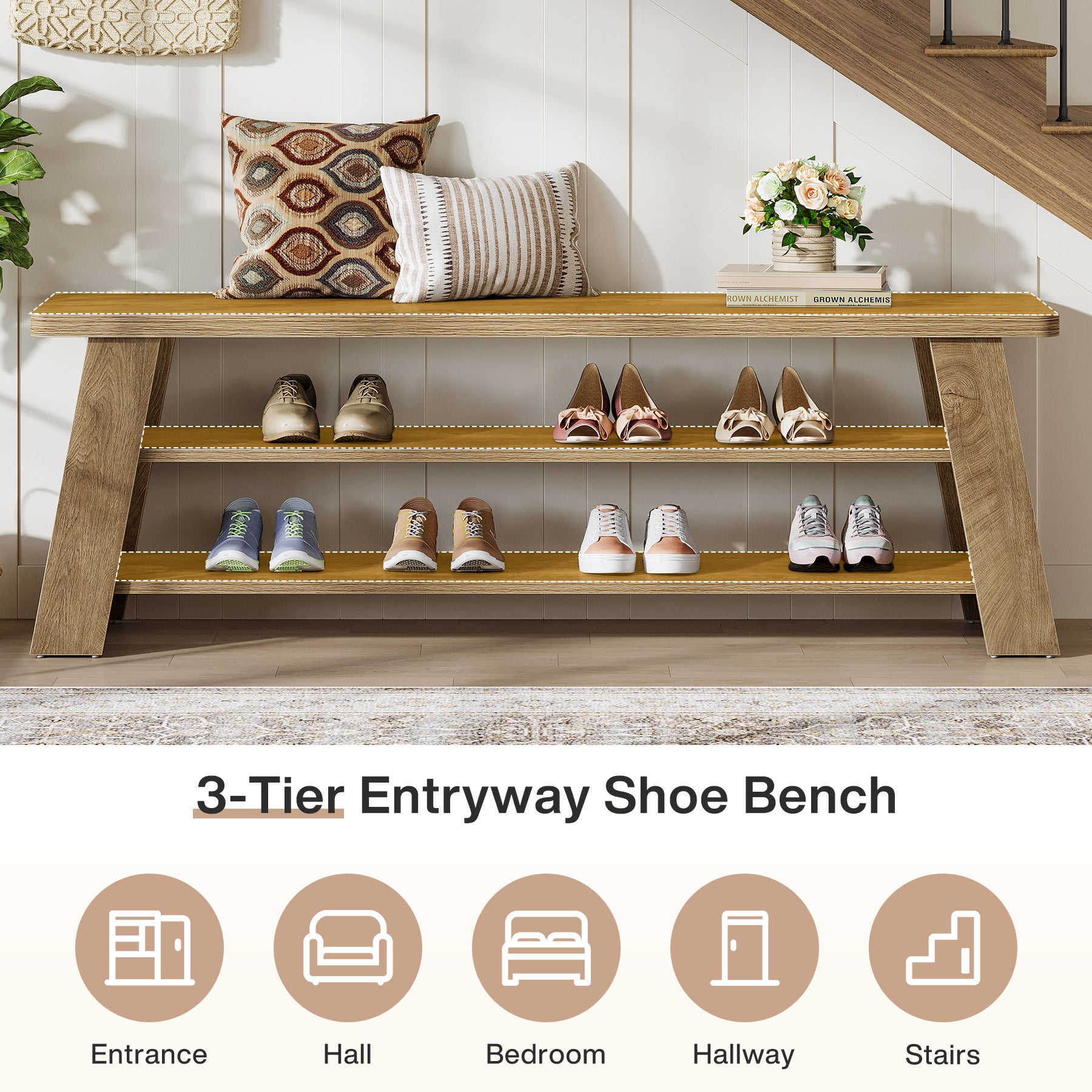 3-Tier Entryway Shoe Bench, 47" Dining Bench with Storage Shelves
