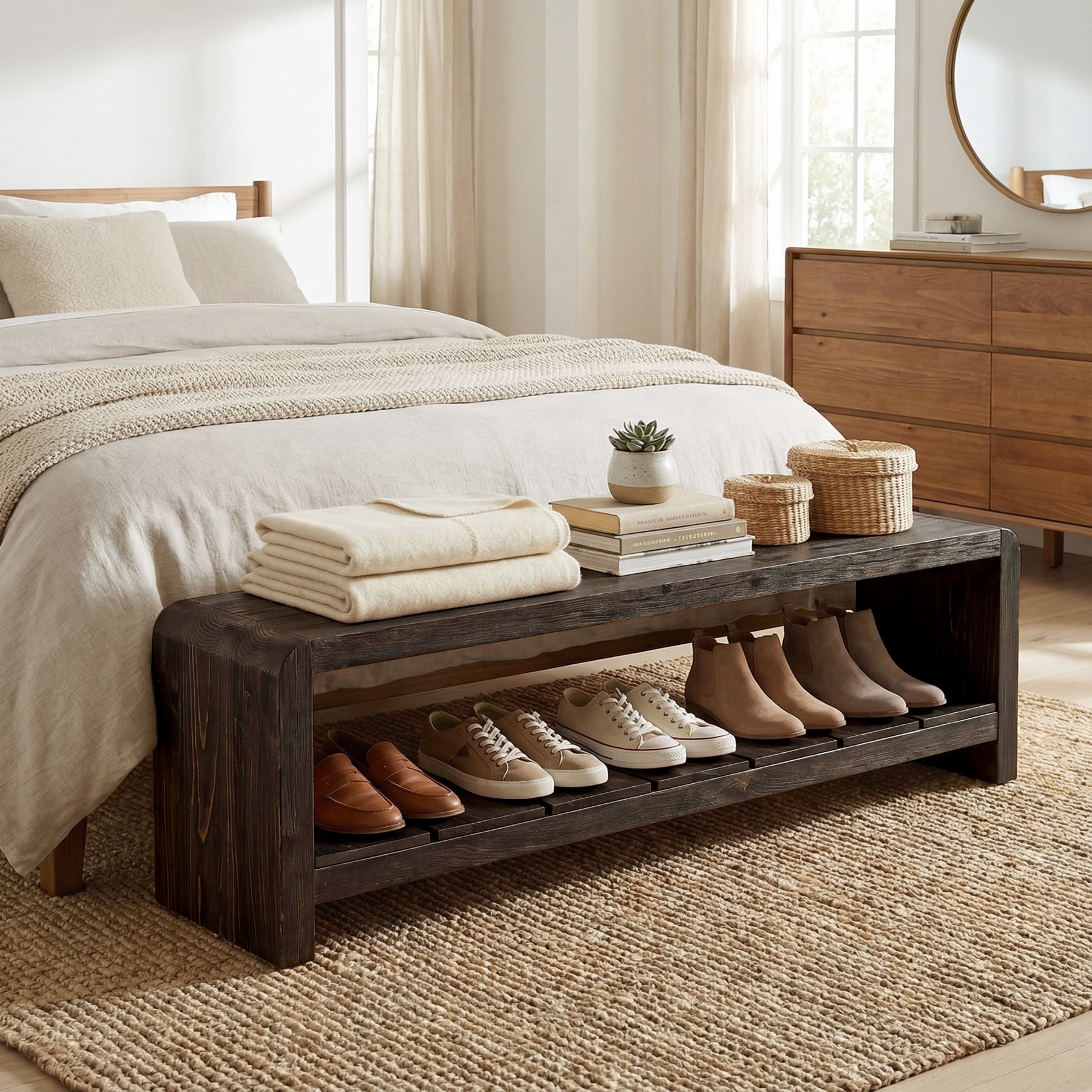 59" Solid Wood Entryway Bench, Farmhouse End of Bed Seating Shoe Bench with Storage
