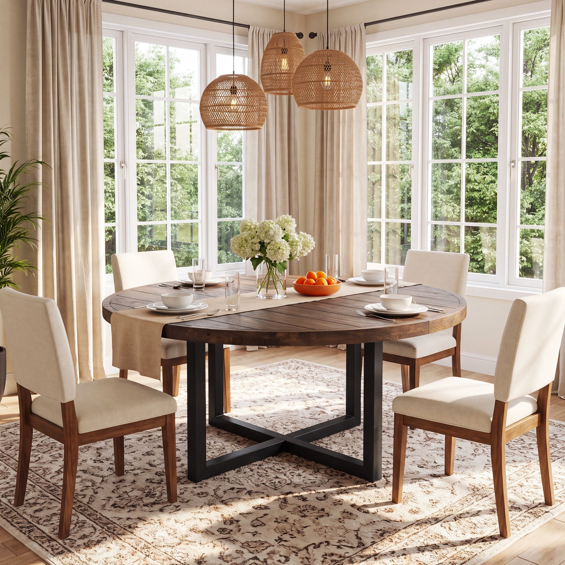 47" Round Dining Table, Solid Wood Kitchen Table with Metal Cross Base for 4-6