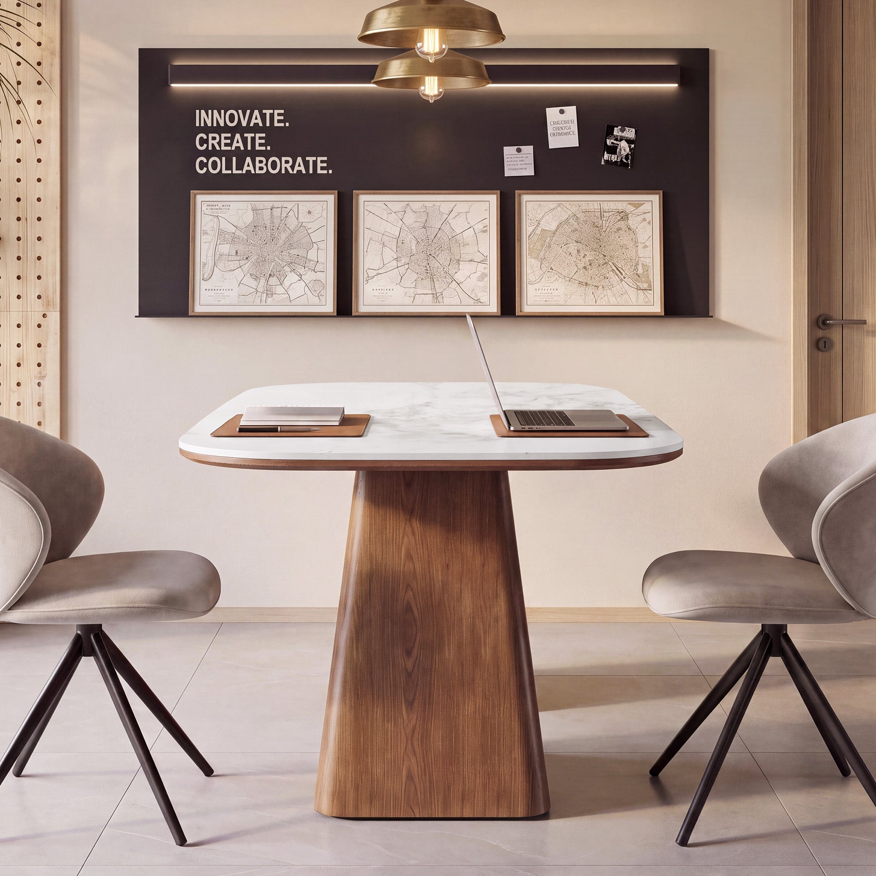 35.4" Conference Table with Sintered Stone Top, Small Square Meeting Table, Solid Wood Base