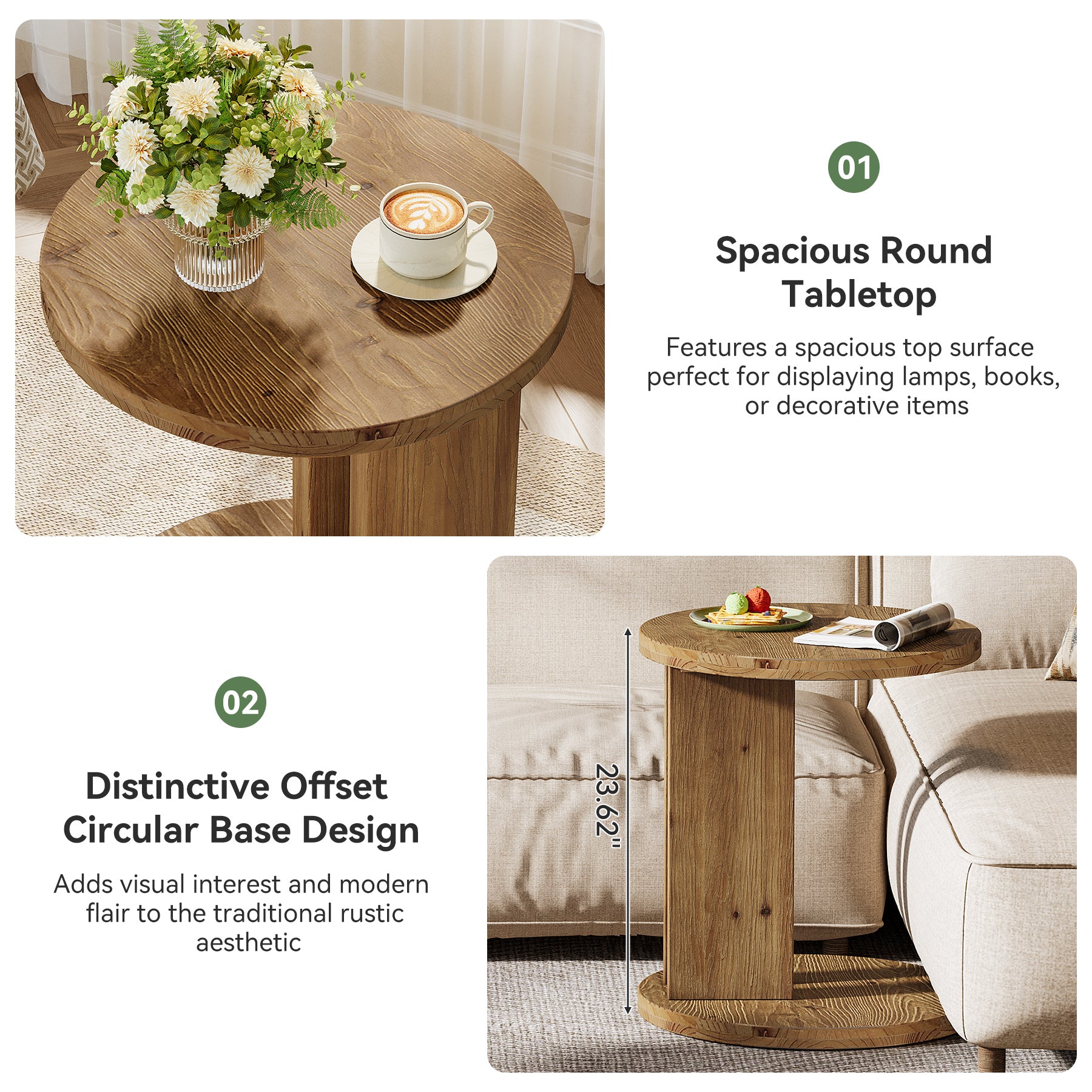 Solid Wood End Table, C-Shaped Round Side Table for for Living Room