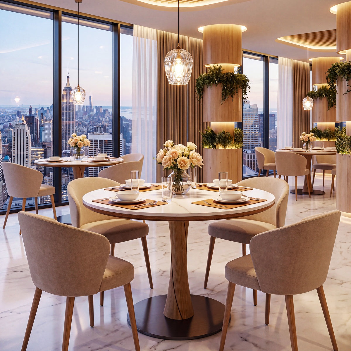 35" Round Dining Table for 2-4, Sintered Stone Top, Rubberwood Pillar & Steel Base