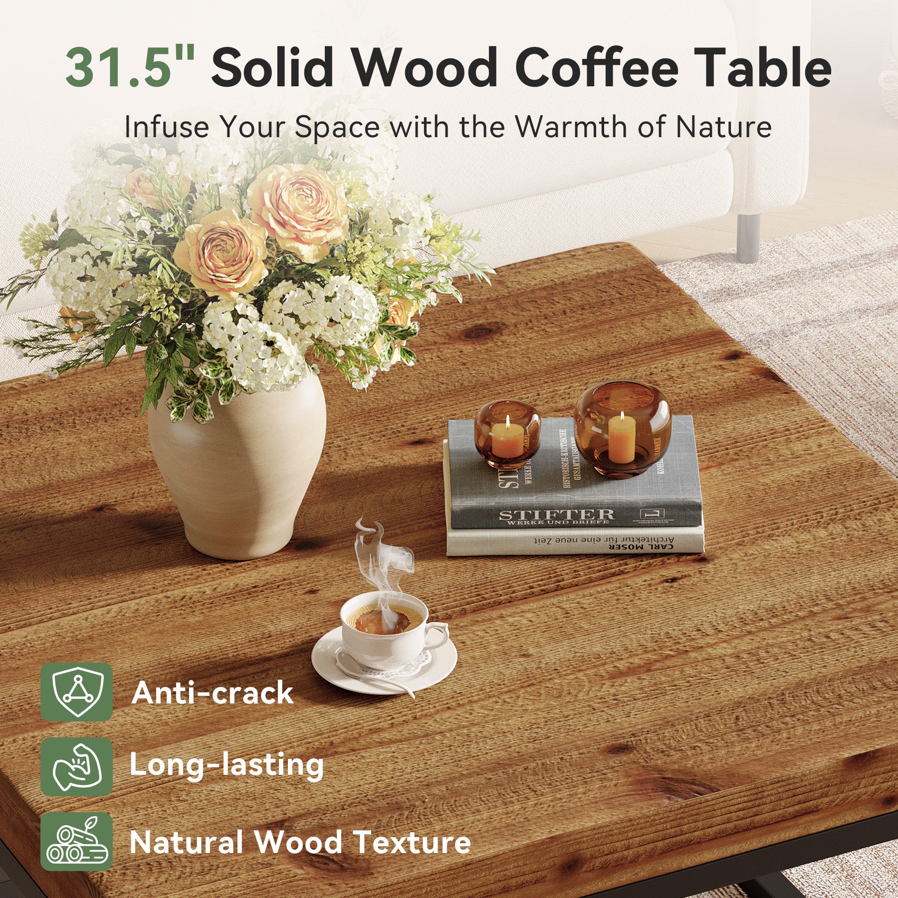 Square Solid Wood Coffee Table, 31.5" Farmhouse Center Table with Metal Frame