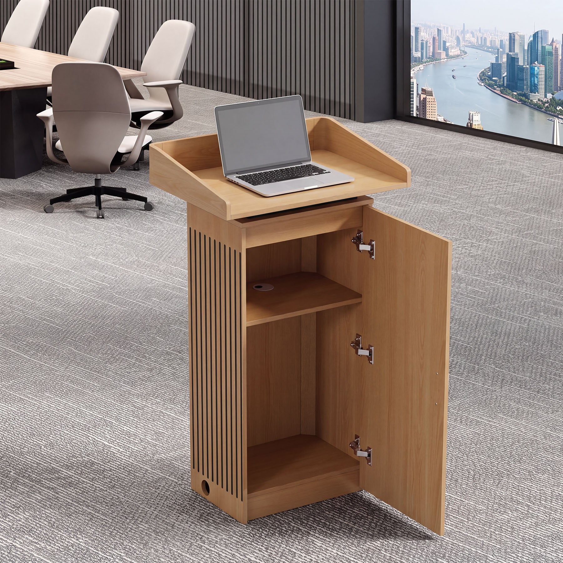 Small Reception Desk, Modern Front Counter Table with 2-Tier Shelf & Cable Hole for Office Salon