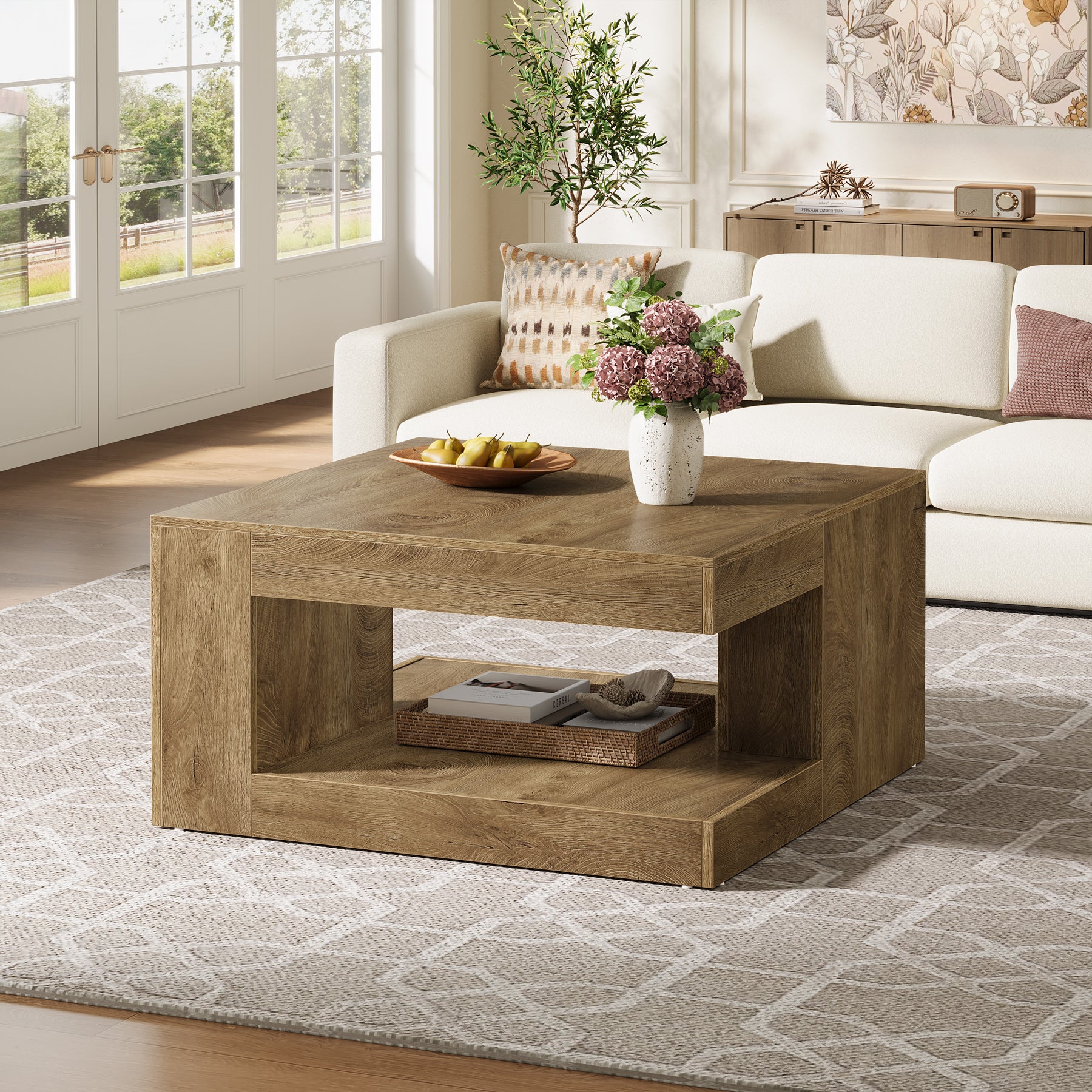 31.5" Square Coffee Table with Storage, 2-Tier Farmhouse Living Room Center Table