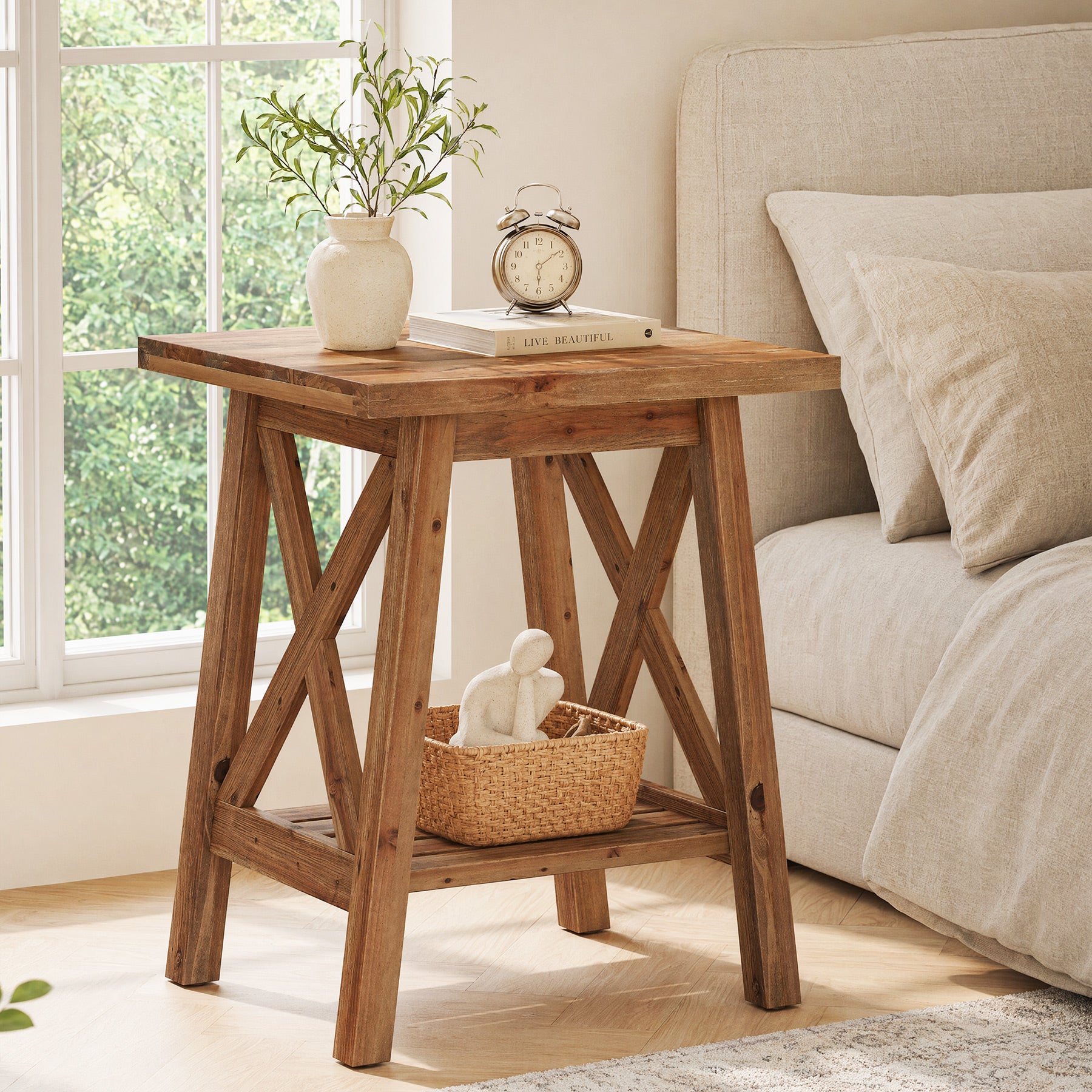 2-Tier Solid Wood End Table, Farmhouse Square Side Table Nightstand