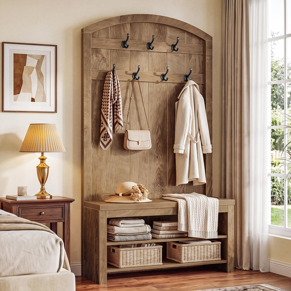 70.9" Hall Tree with Coat Rack and Shoe Storage, 3-in-1 Farmhouse Entryway Organizer with 7 Hooks