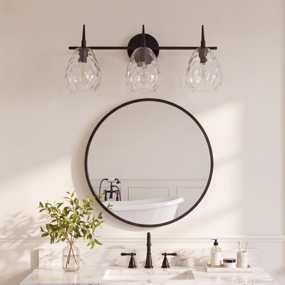 3-Light 22" Bathroom Vanity Light, Matte Black Wall Sconce with Hammered Glass