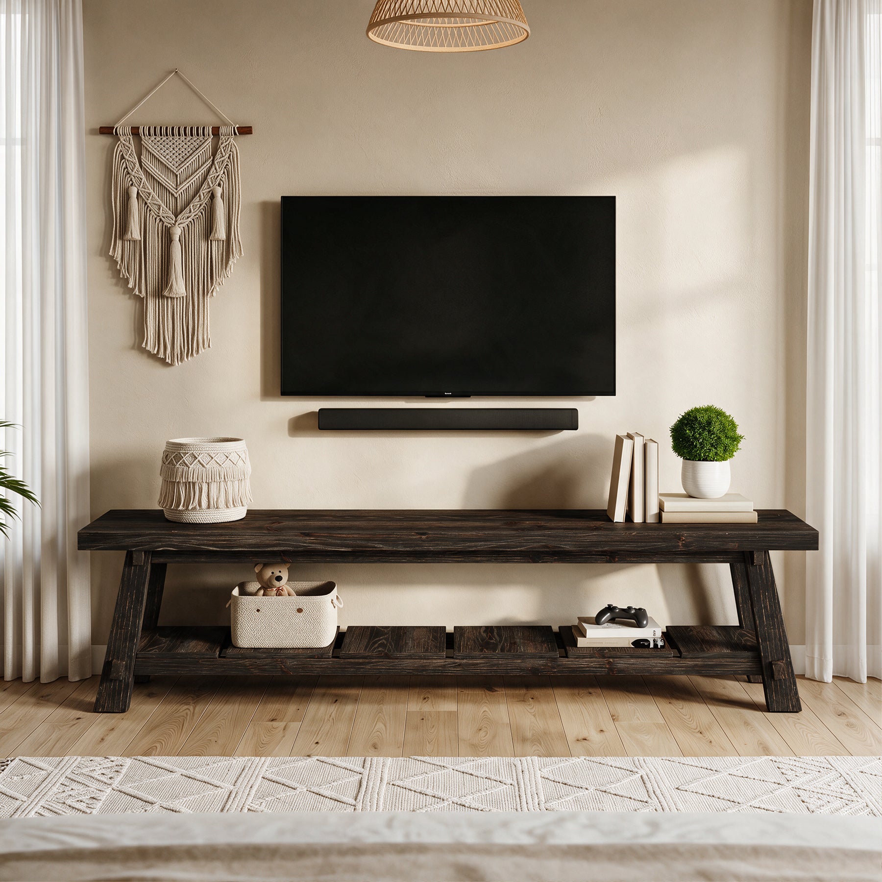 71" Extra Long TV Stand, Solid Wood Entertainment Center with Open Storage Shelves for TVs up to 85"