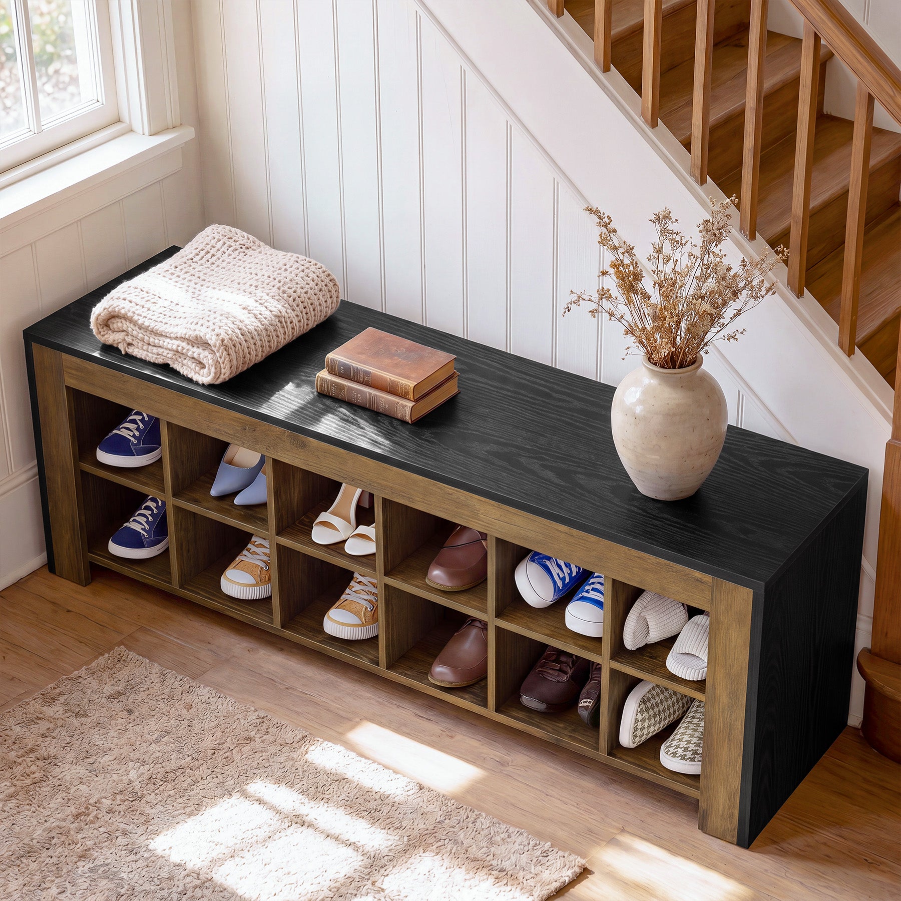 48" Farmhouse Entryway Bench, Shoe Storage Bench with 12 Cubbies for Hallway