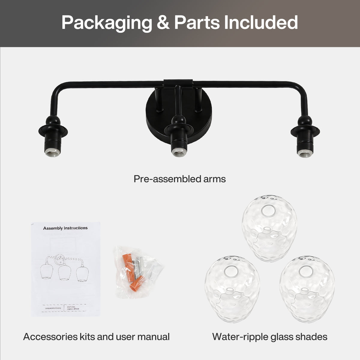 3-Light 22" Bathroom Vanity Light, Matte Black Wall Sconce with Water Ripple Glass