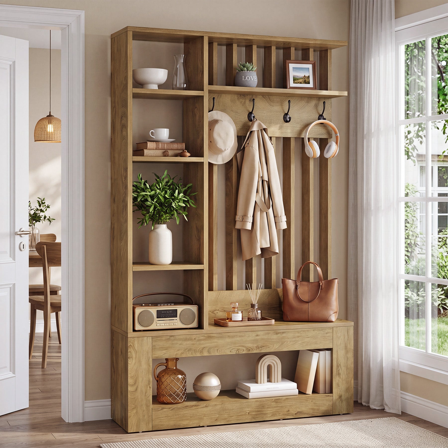 70.8" Tall Hall Tree, 5-in-1 Entryway Bench with Shoe Storage & 5 Storage Cubbies