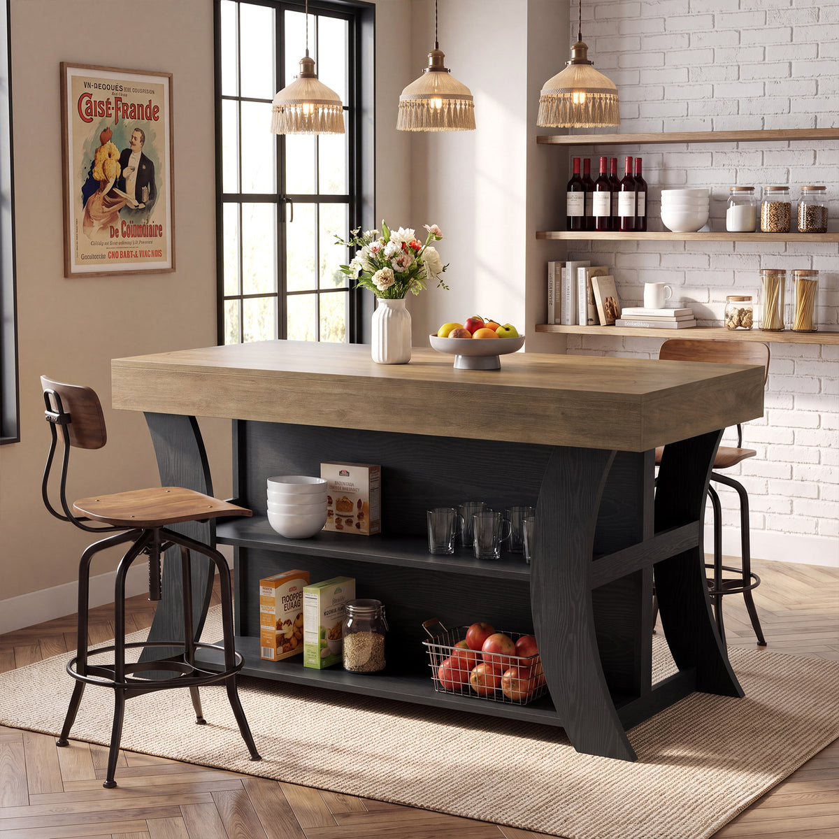 55" Farmhouse Kitchen Island with Storage & Seating Space, Stationary Island Table