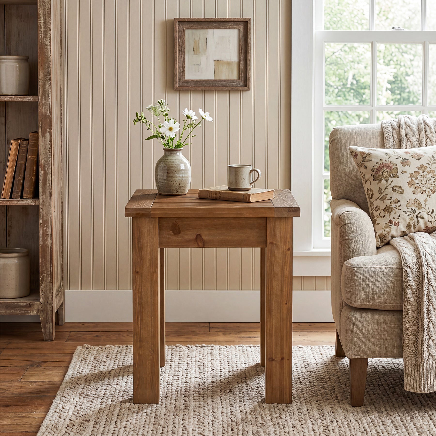 Square Solid Wood Side Table, Farmhouse End Tale with Stable Legs for Small Spaces