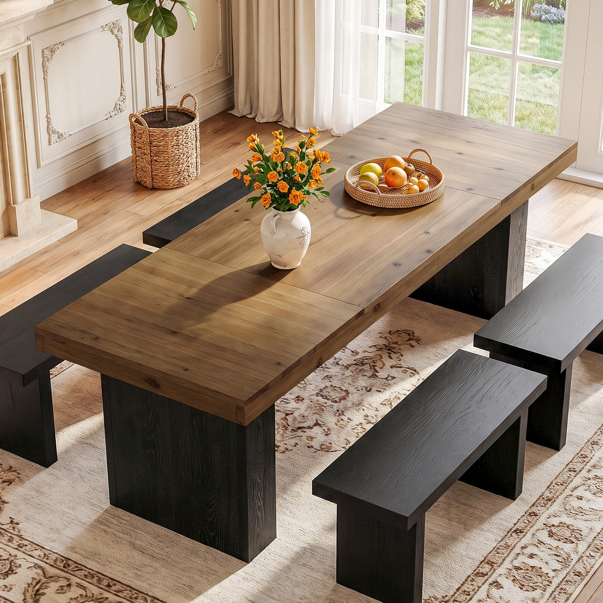 79" Solid Wood Dining Table, Rectangular Kitchen Table with Double Pedestal Base for 6–8 People