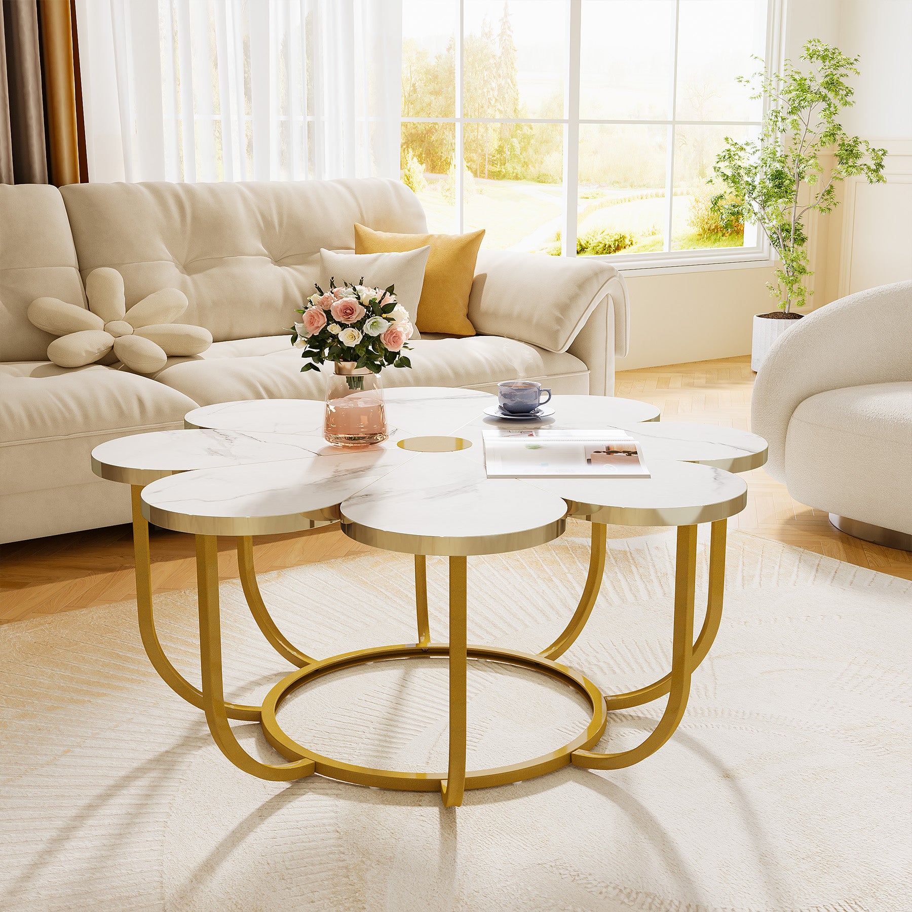 Modern Coffee Table, Flower-Shaped Center Table with Faux Marble Tabletop