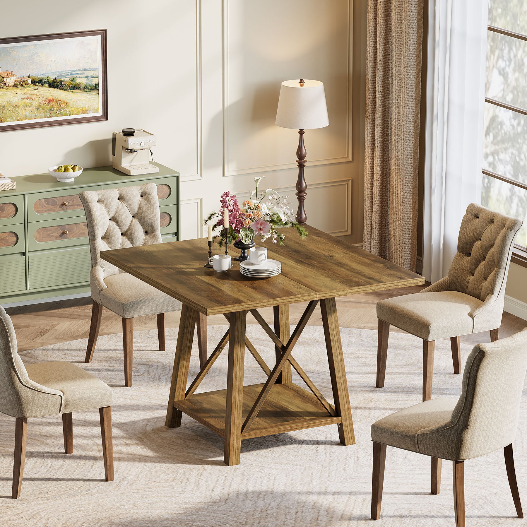 Square Dining Table for 4, 39.37" Kitchen Table with Shelf Storage