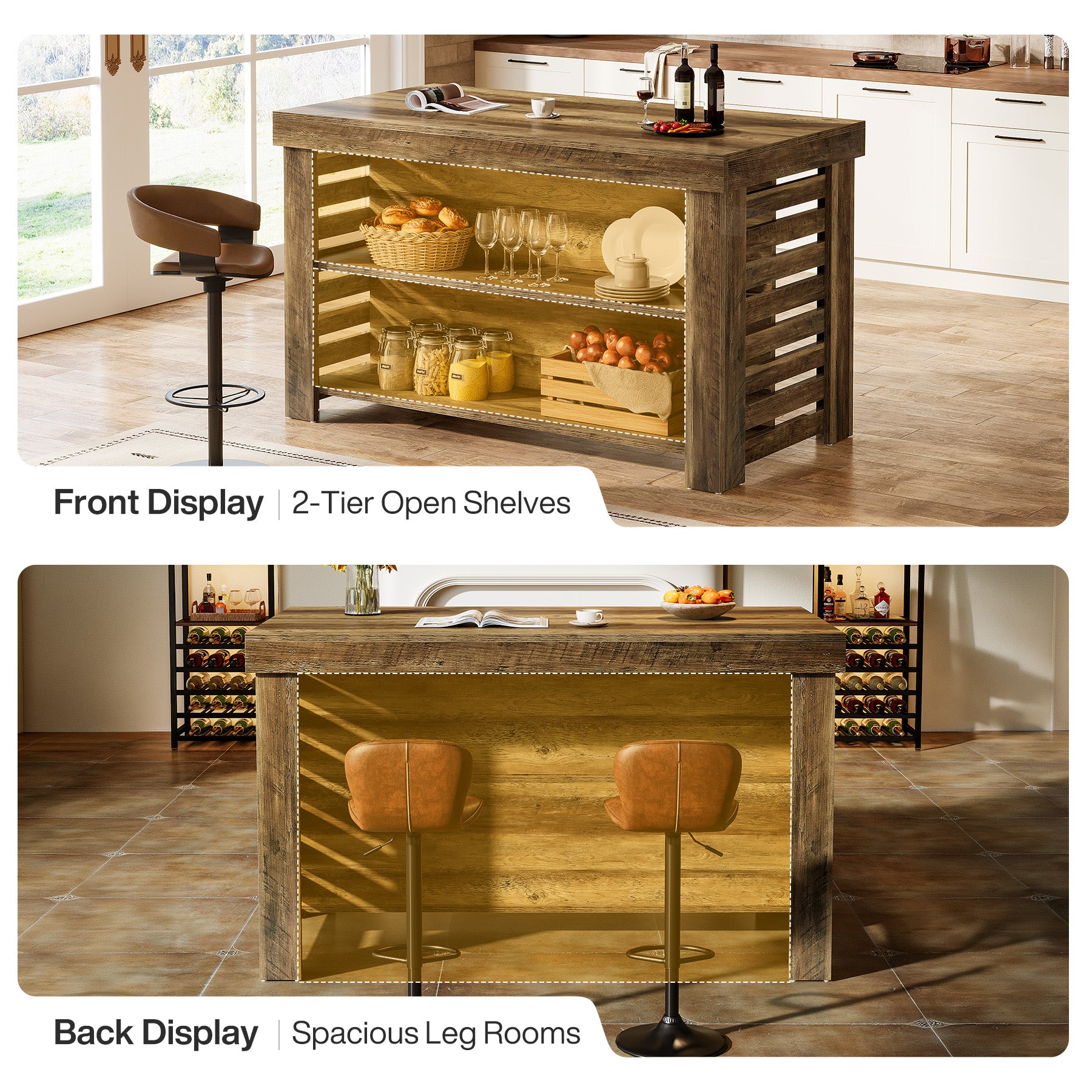55" Kitchen Island, 3-Tier Farmhouse Coffee Bar Table with Storage Shelves