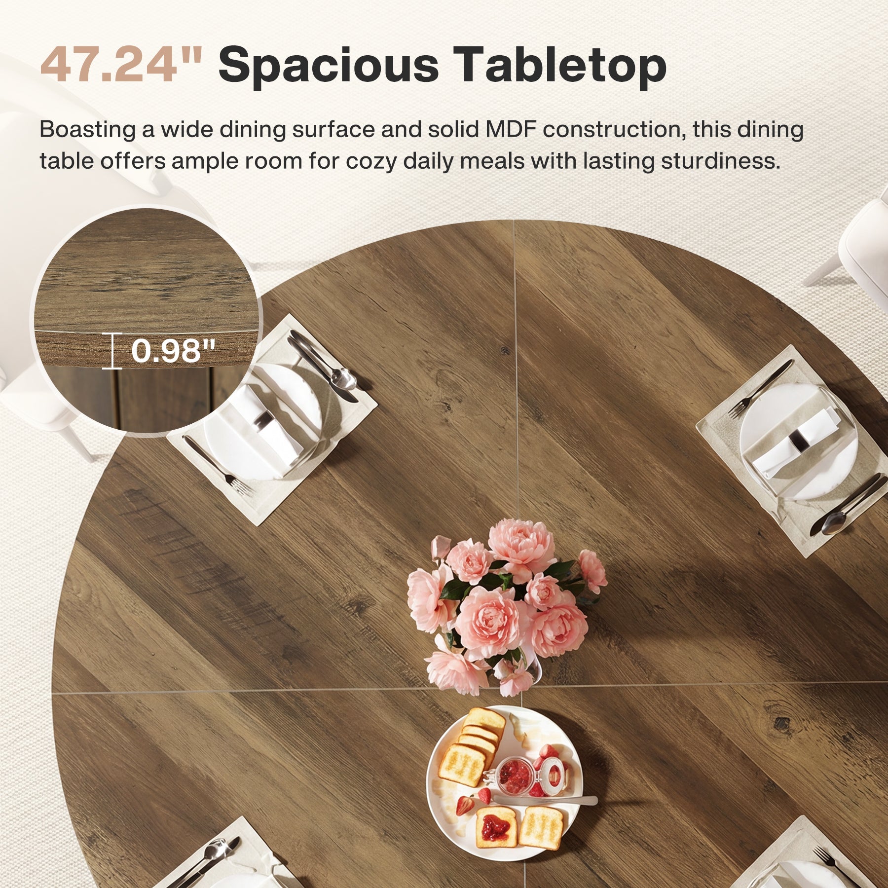 47" Round Dining Table with Pedestal Base, Farmhouse Kitchen Table for 4-6 People
