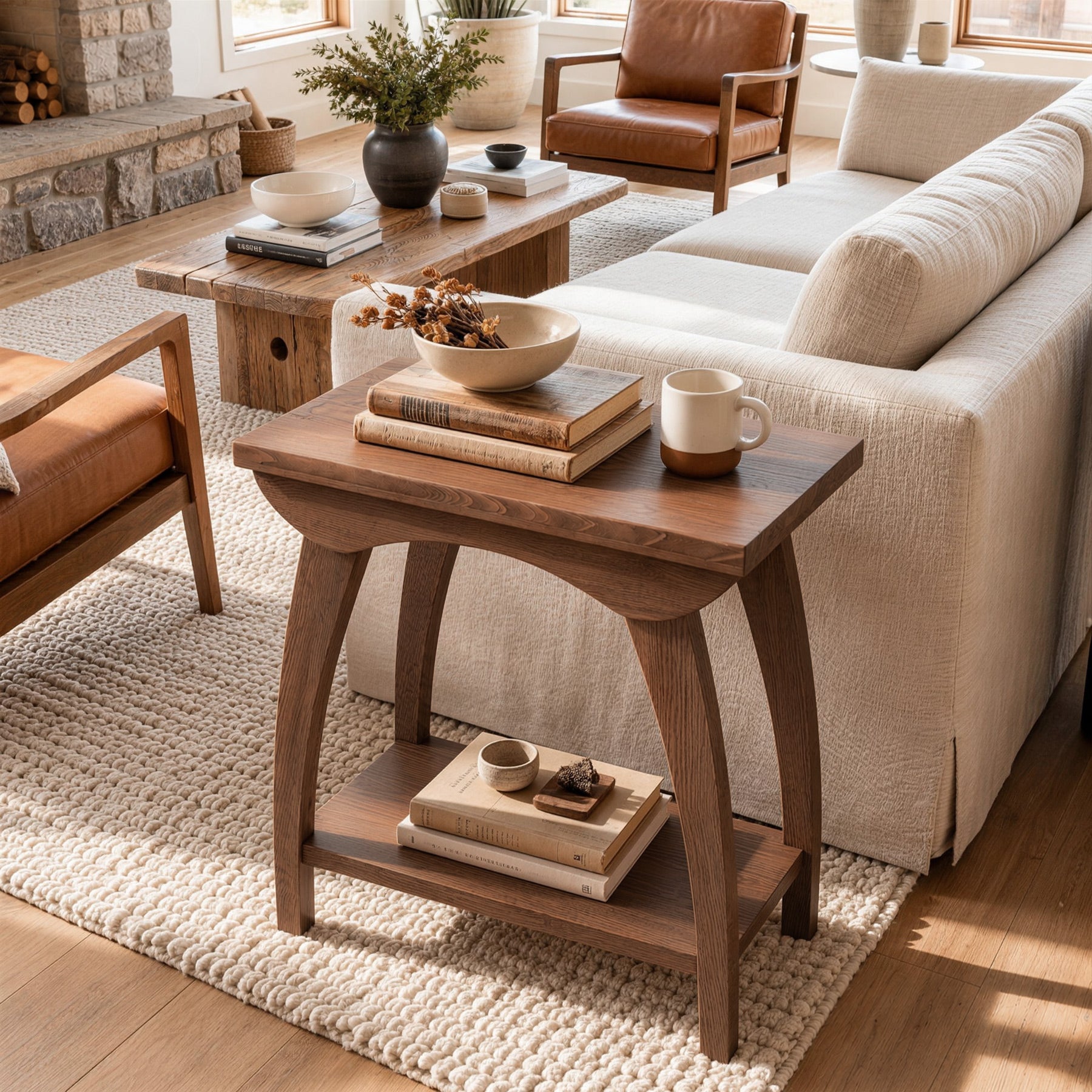 2-Tier Solid Wood End Table, Rectangle Sofa Side Table with Shelf for Living Room