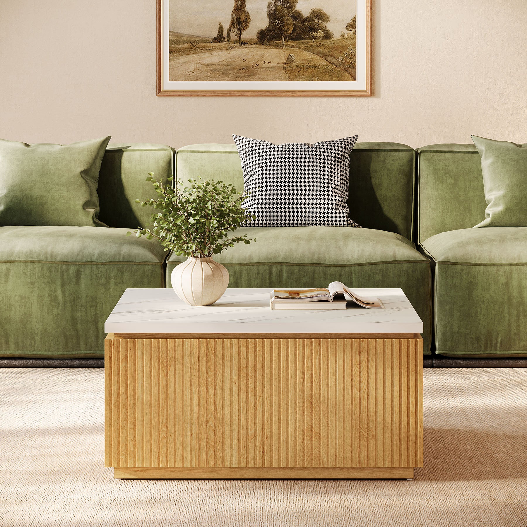 31.5" Square Coffee Table, Modern Center Table with Faux Marble Top