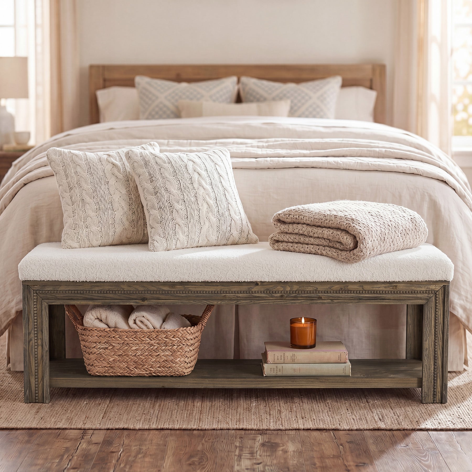 Solid Wood End of Bed Bench, 55.12" Upholstered Bed Bench with Storage for Bedroom